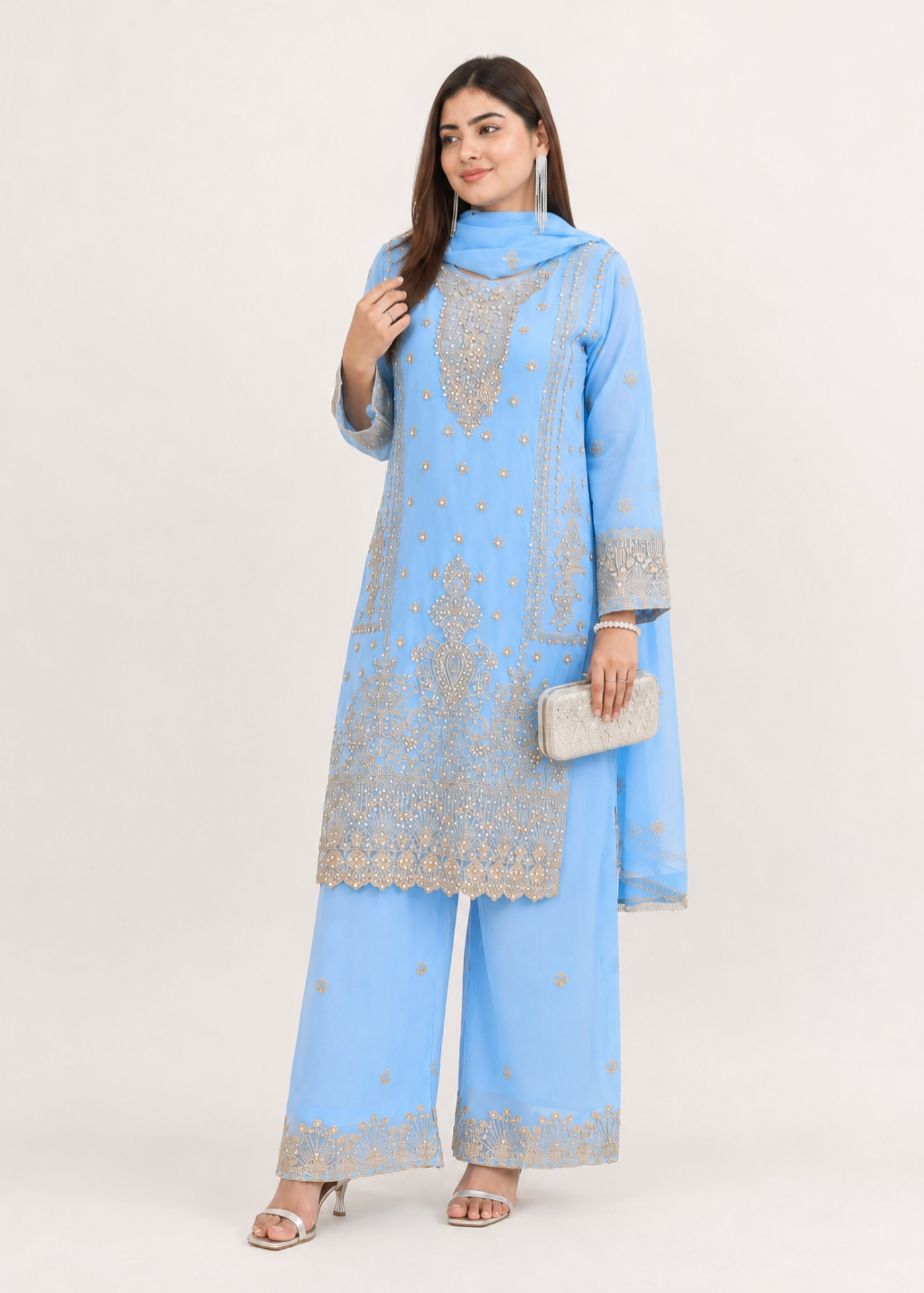 chiffon Kurta Set in Powder blue