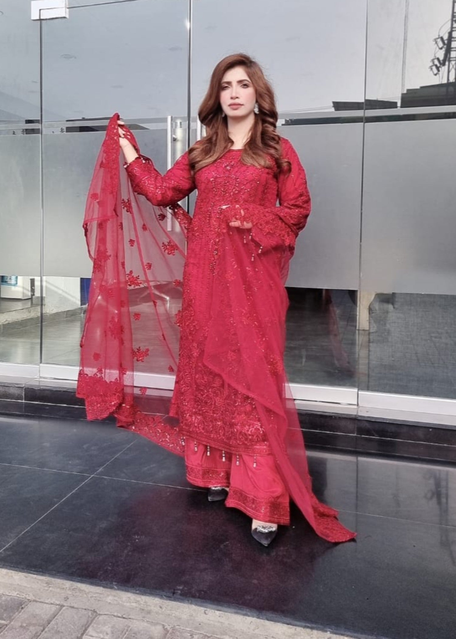 net Kurta Set in Blood red