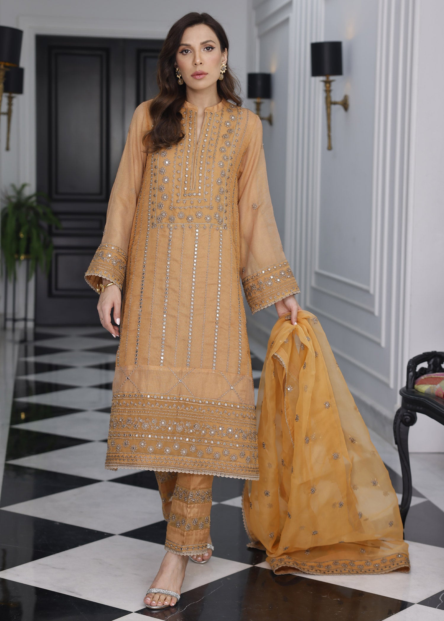 khaddi net Unstitched in Orange