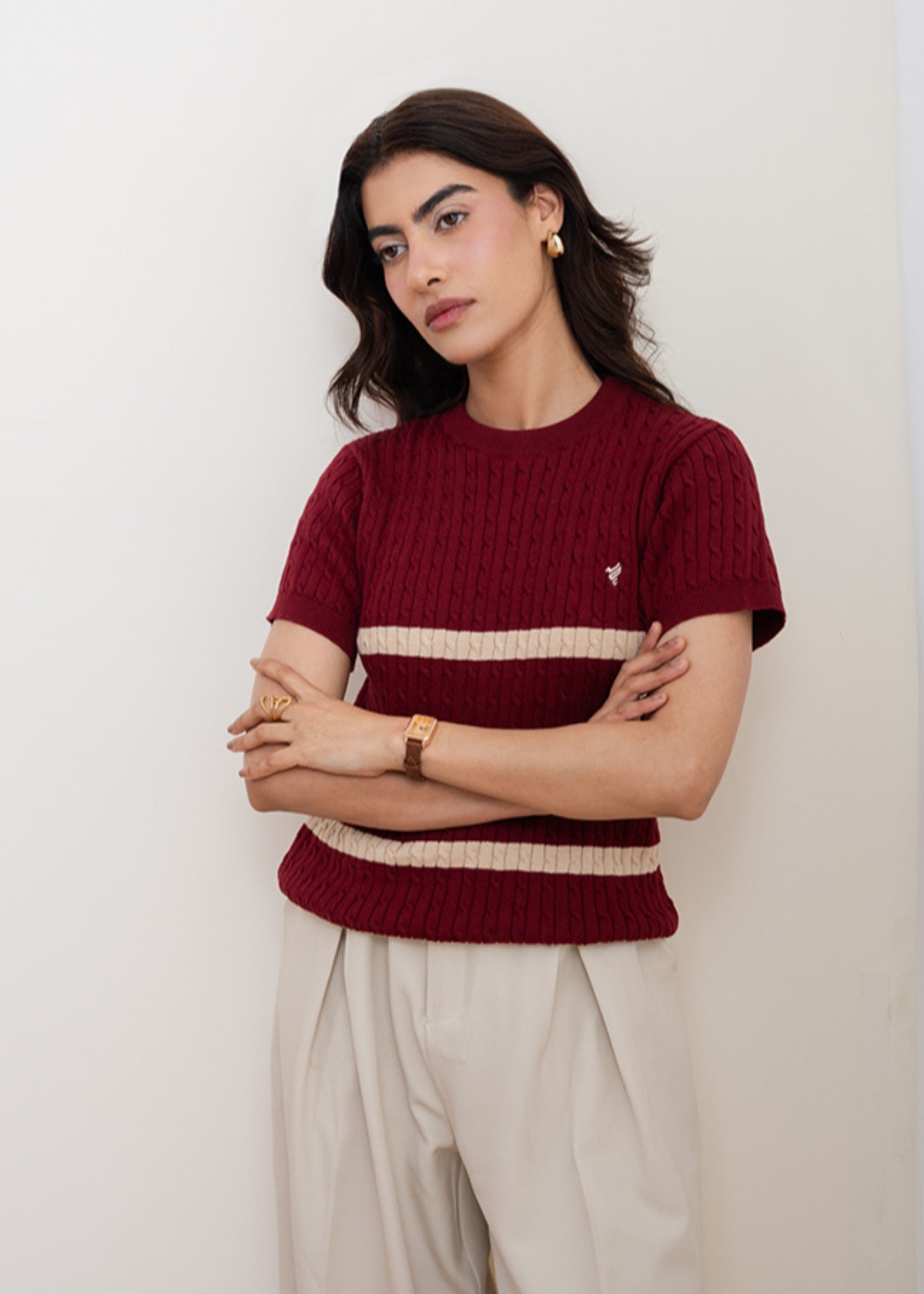 interlock knit T Shirt in Maroon