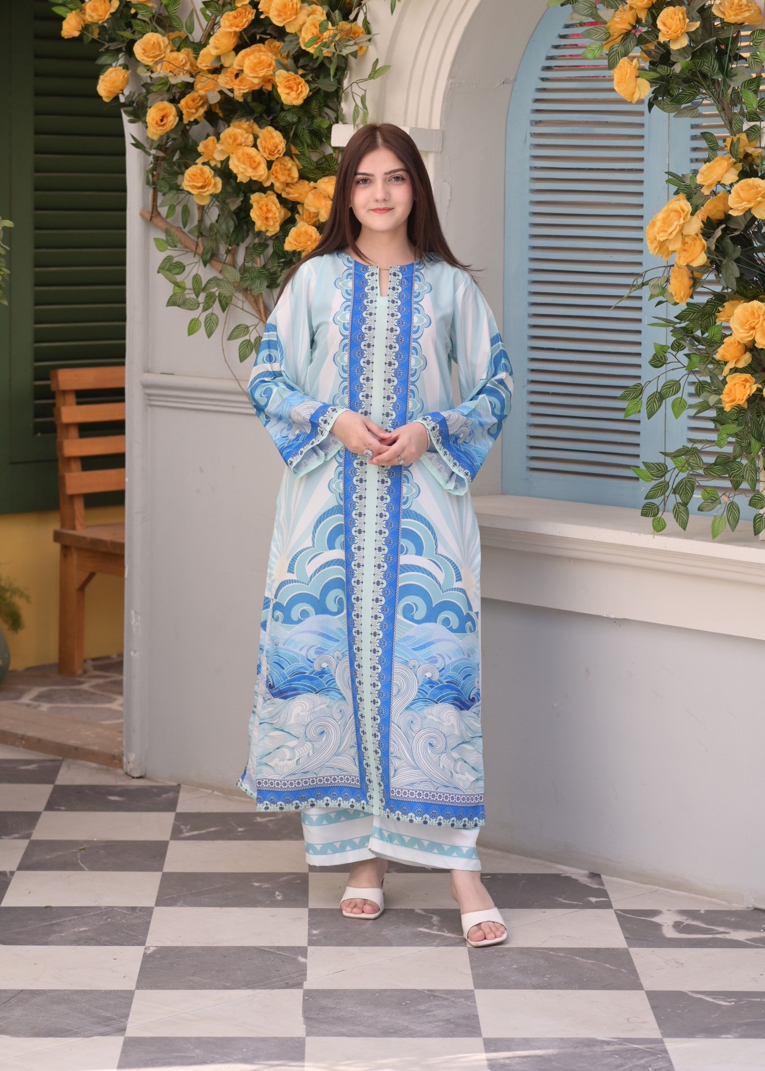 poly lawn Kurta Set in Electric blue