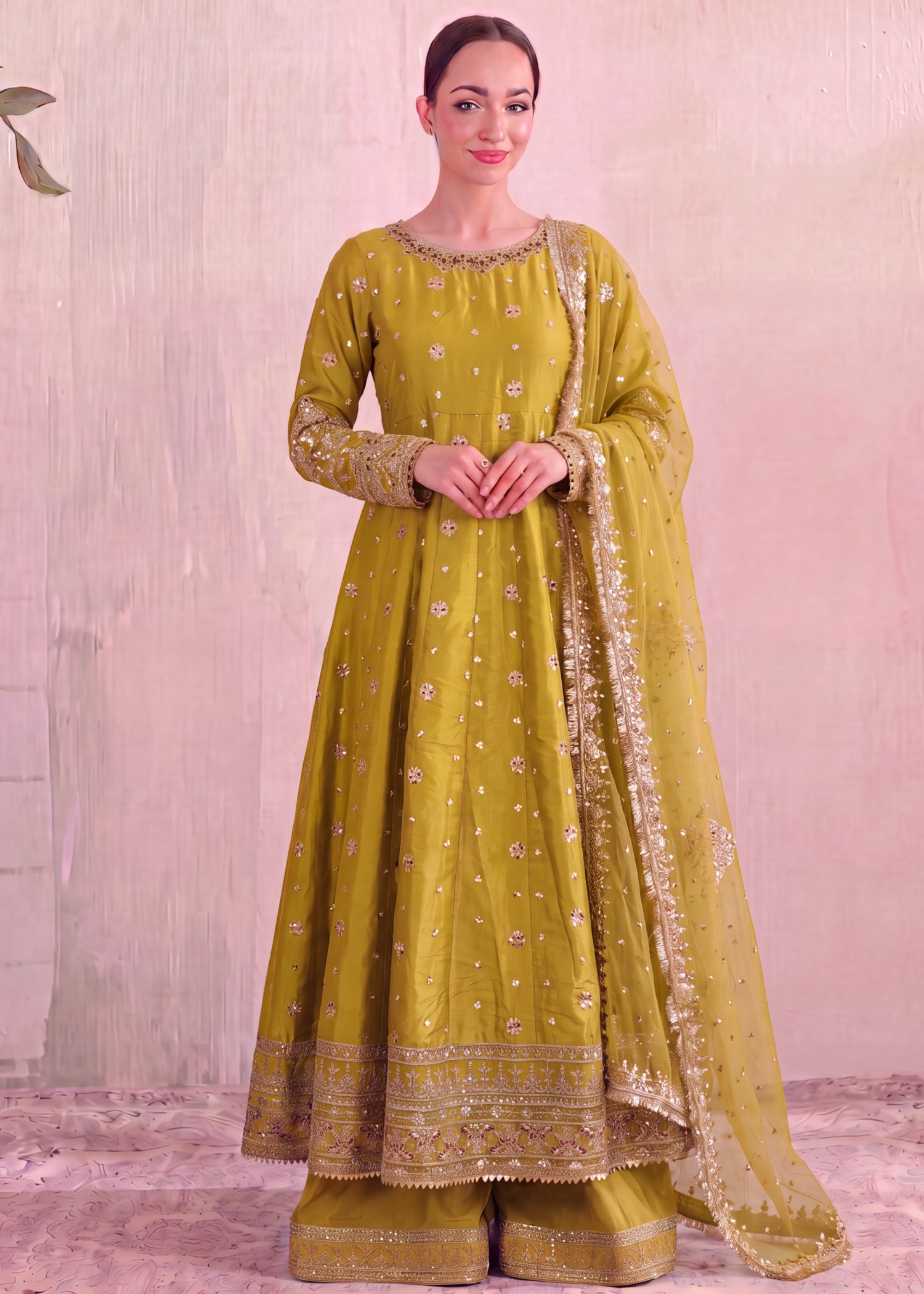 silk Pishwas in Yellow green