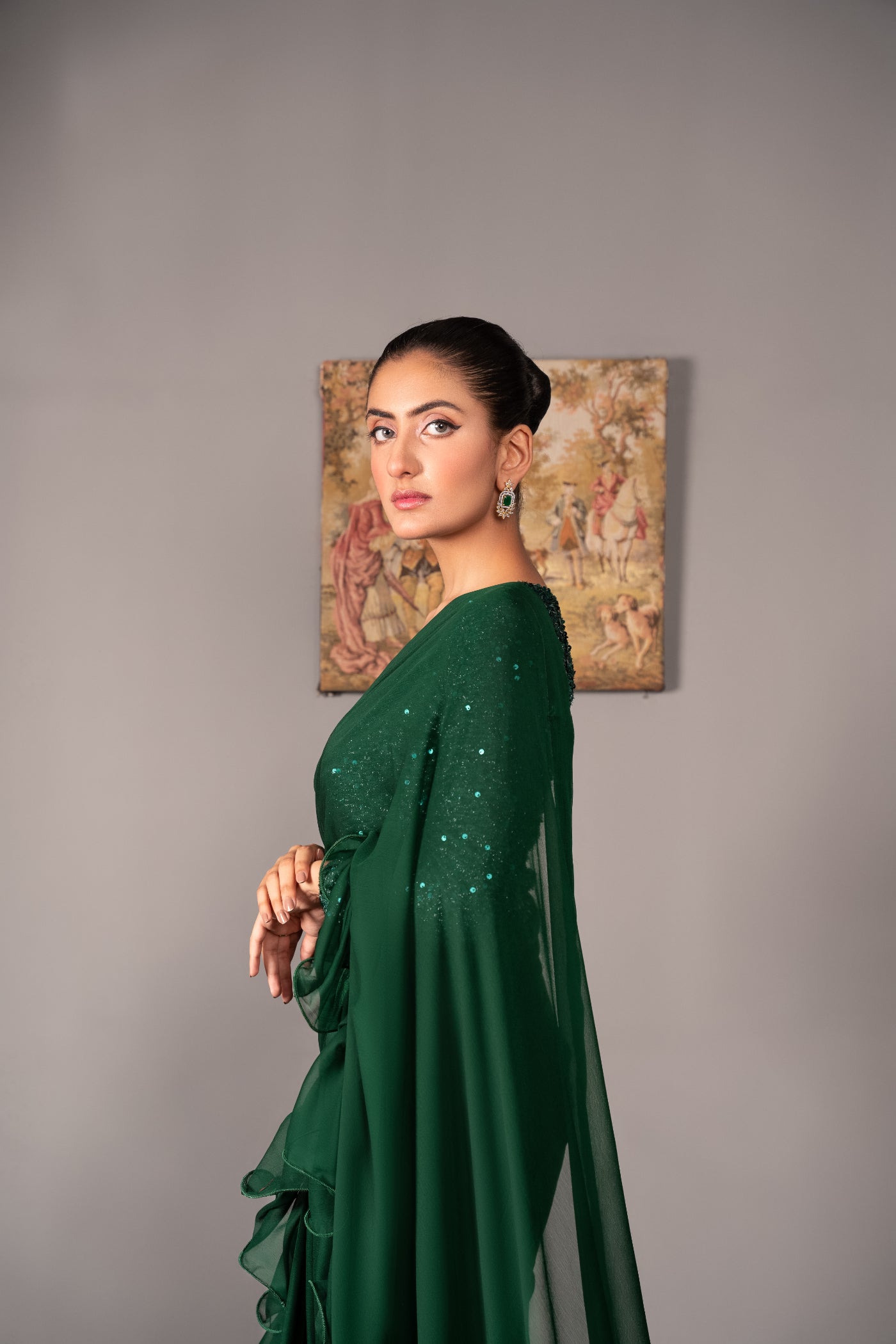 net Saree in Green