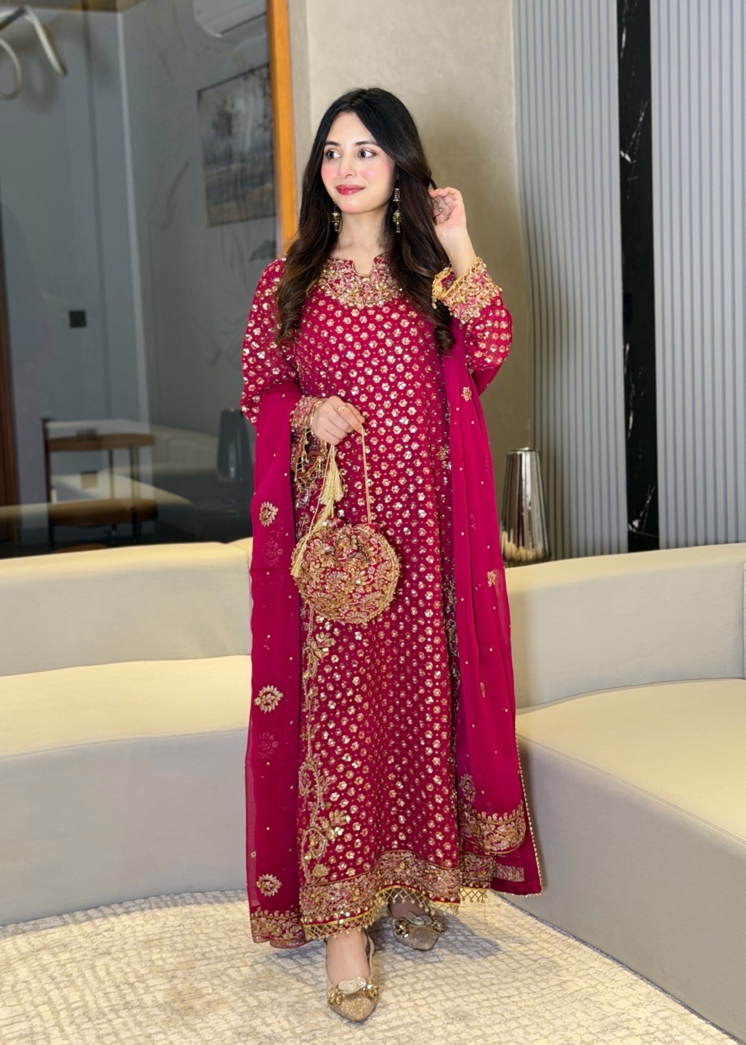 chiffon Kurta Set in Hot pink