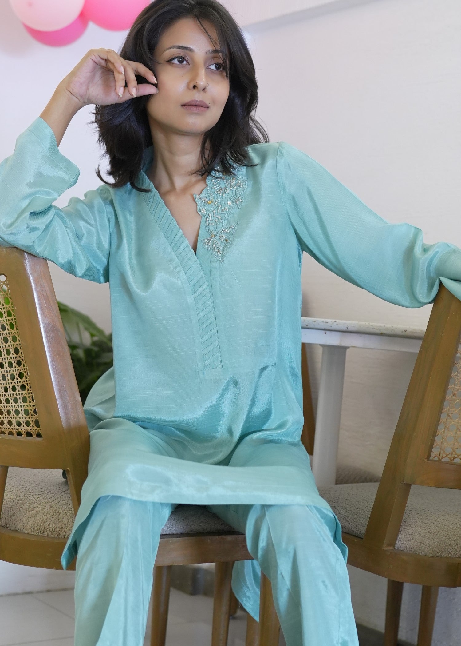 raw silk Kurta Set in Ice blue