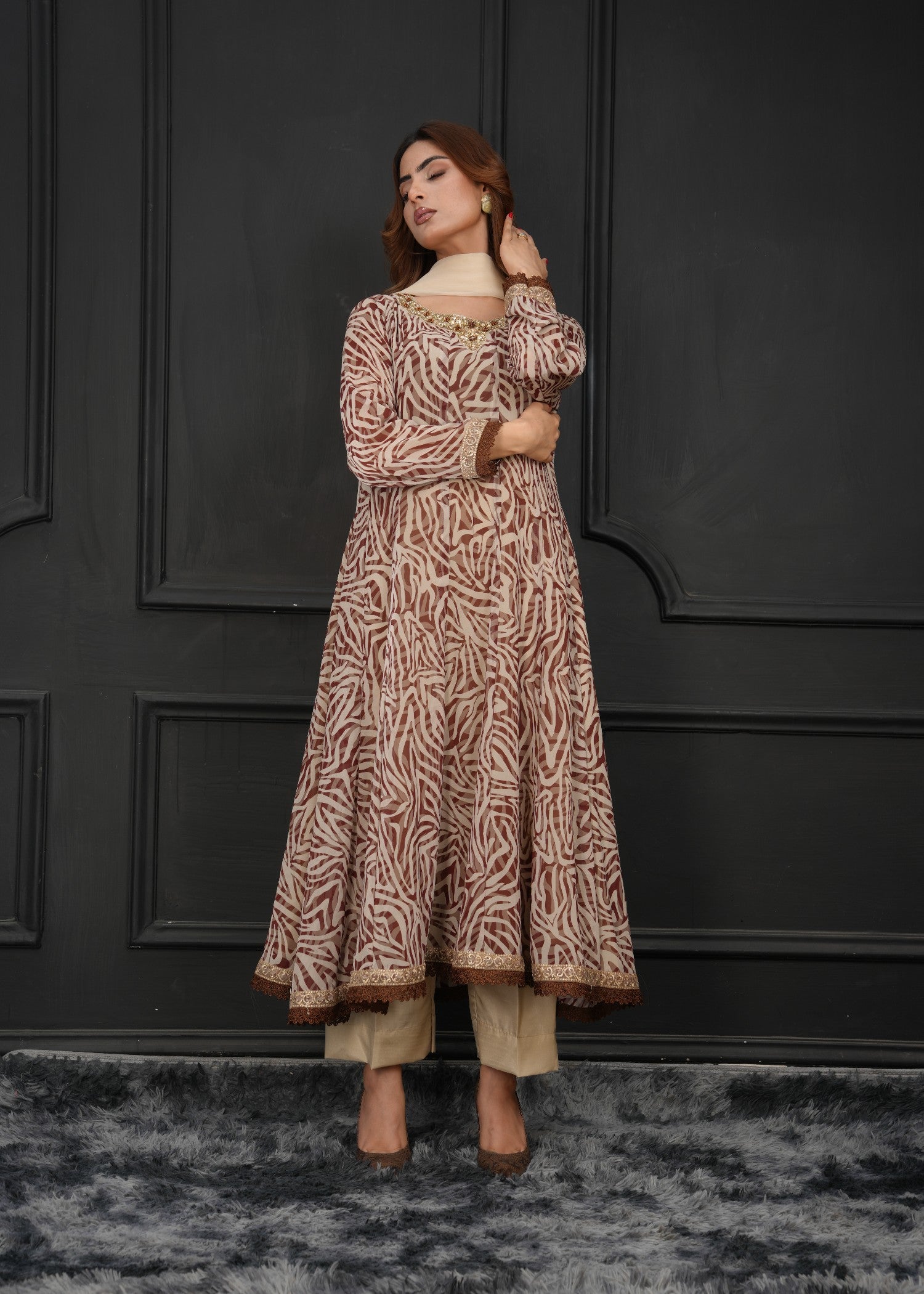 georgette Anarkali in Maroon, camel brown