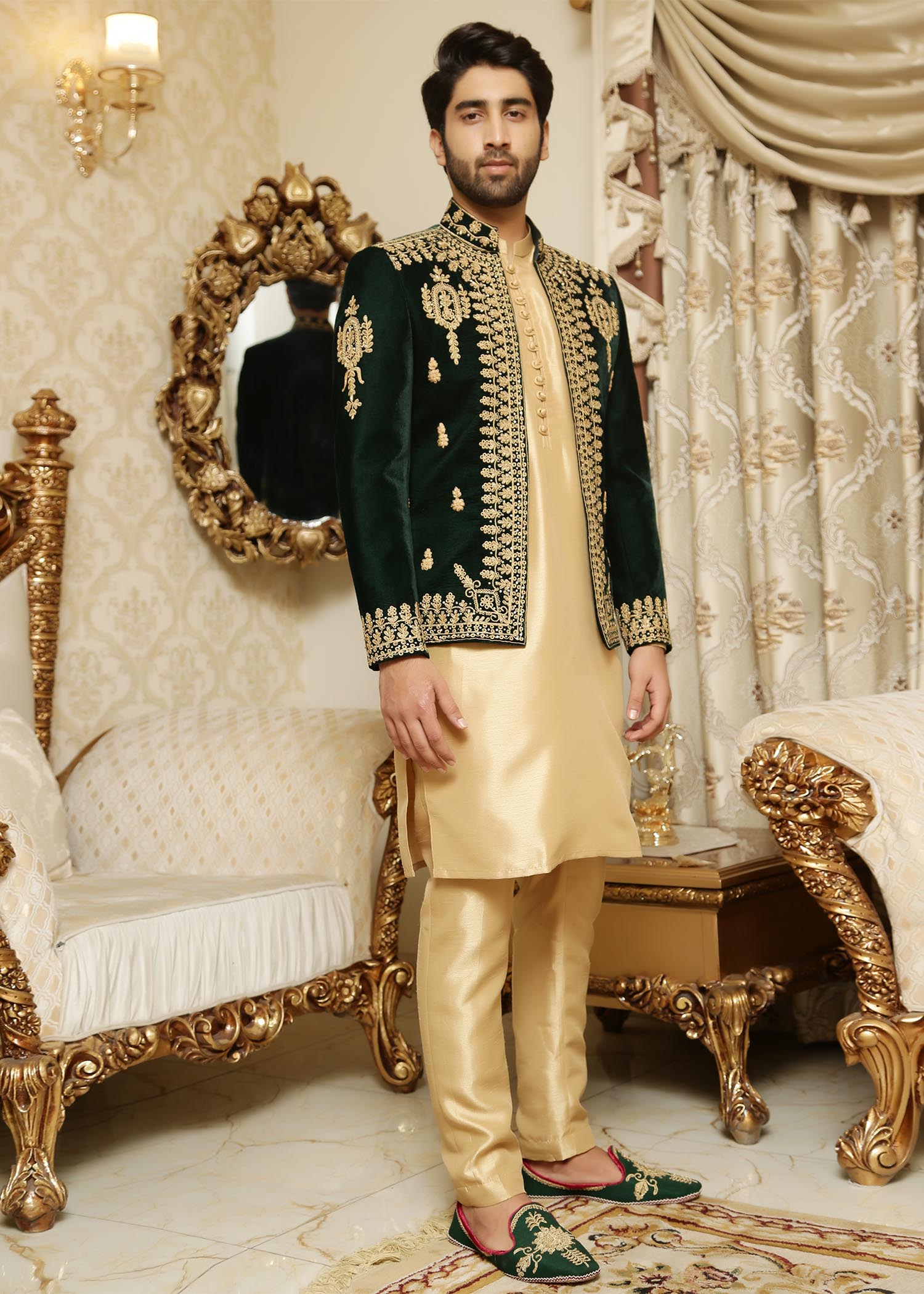 cotton silk Prince Coat in Bottle green