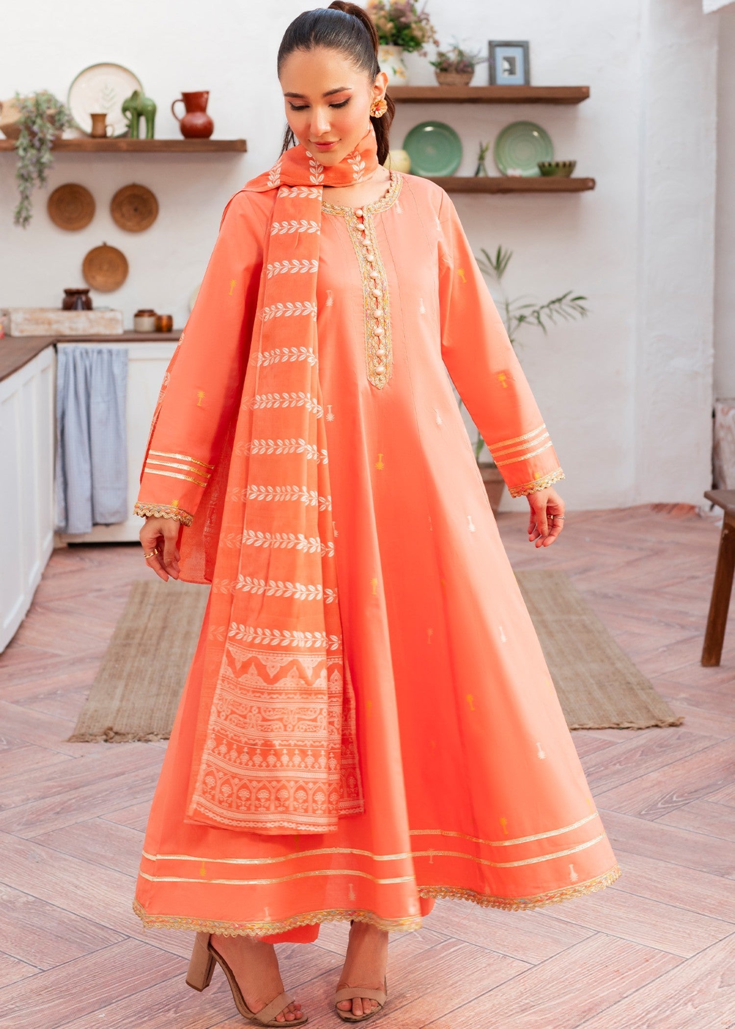 lawn cotton Pishwas in Coral pink
