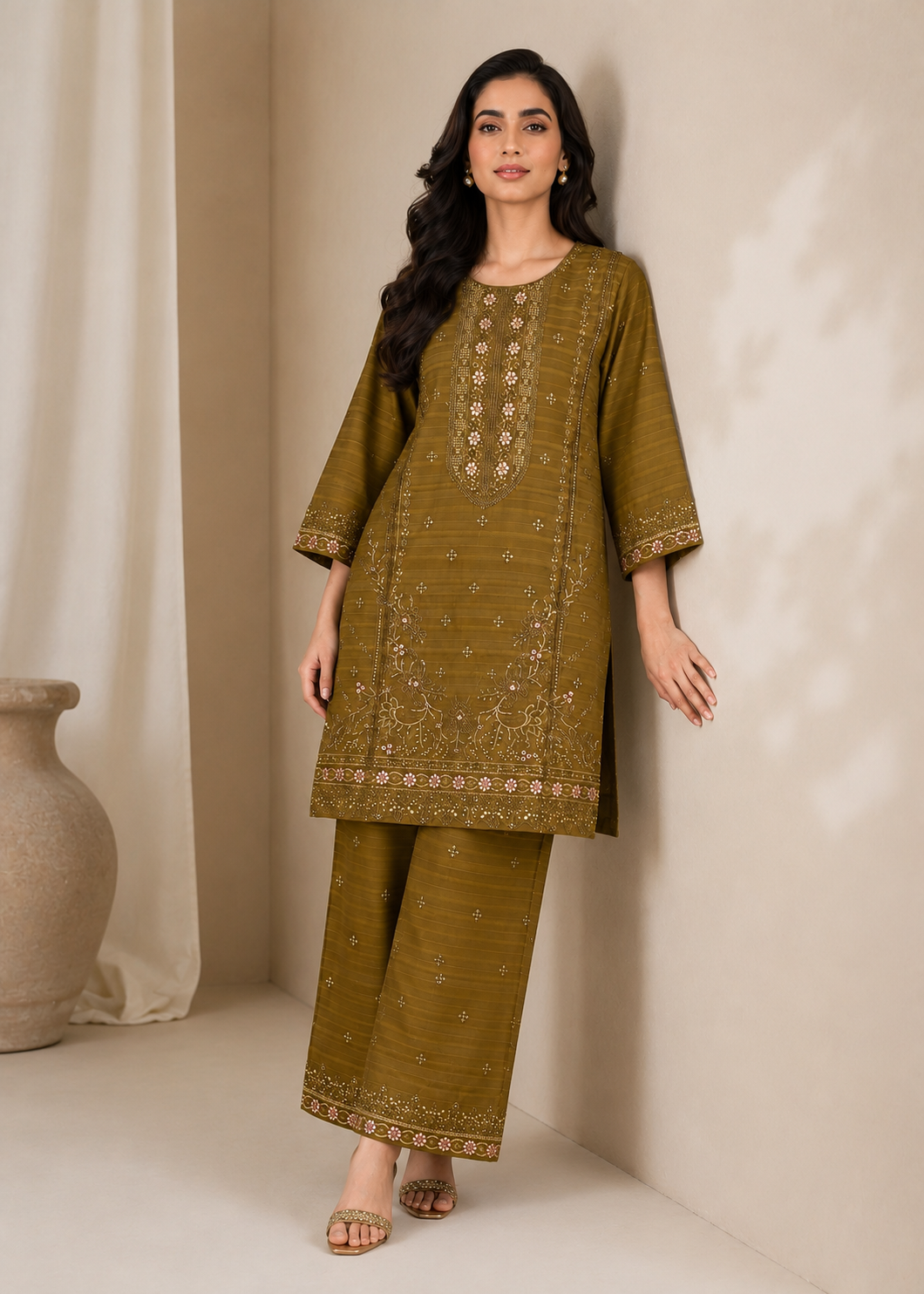 jacquard Kurta Set in Olive green
