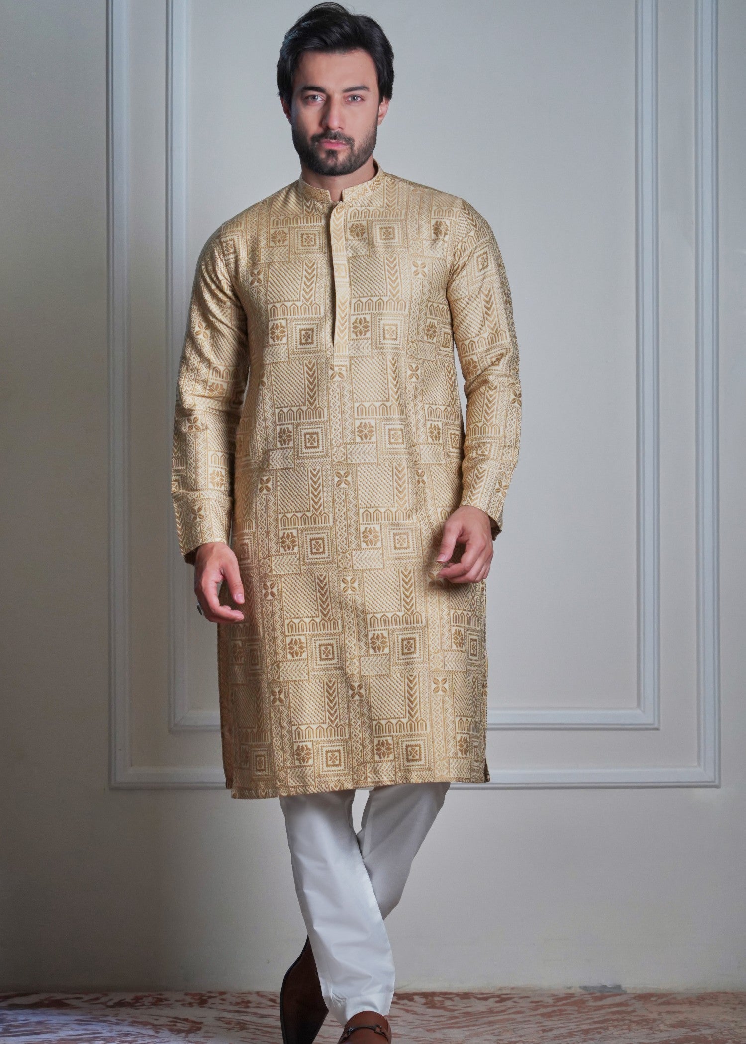 jacquard Kurta Set in Golden brown