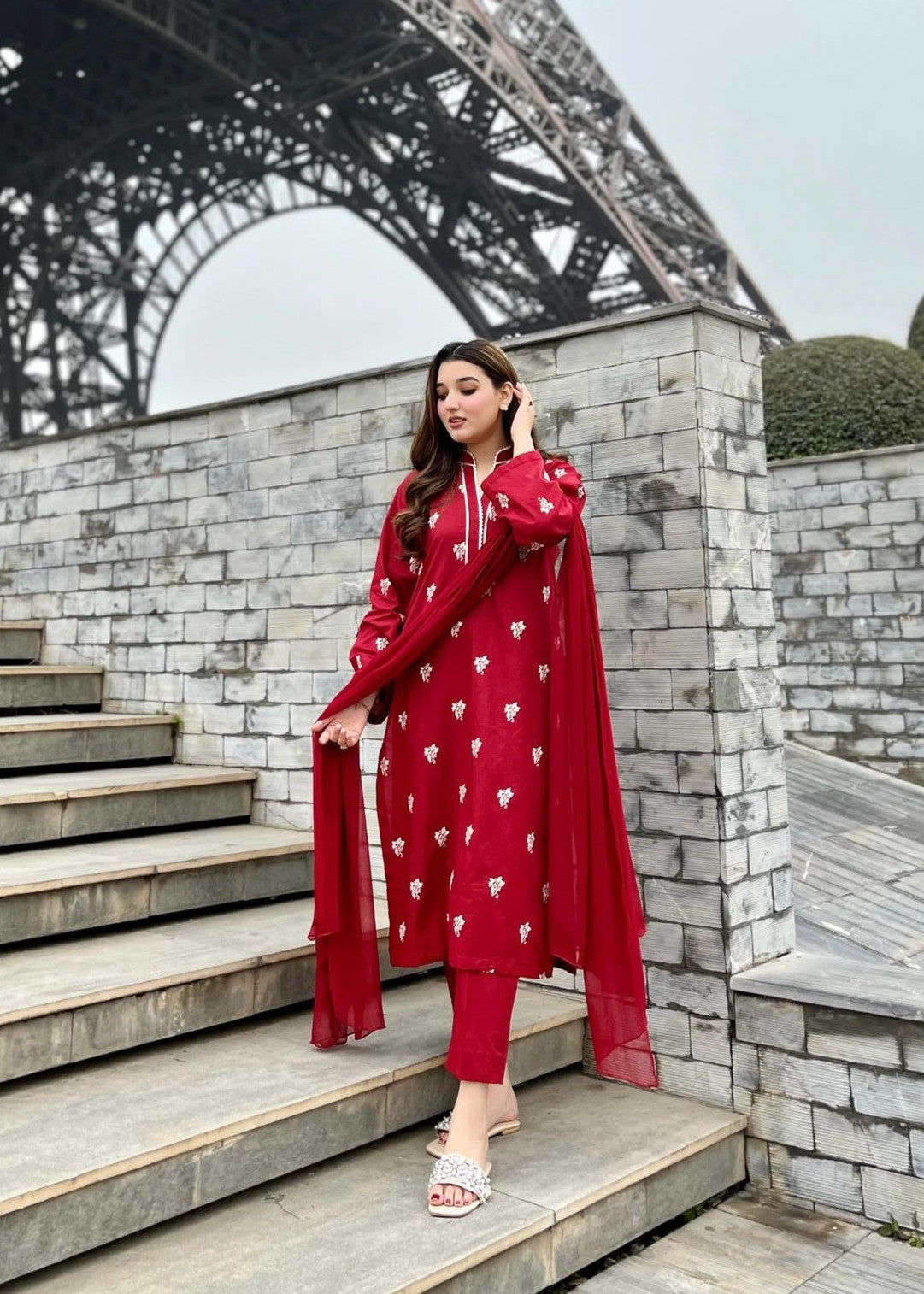 linen Kurta Set in Red