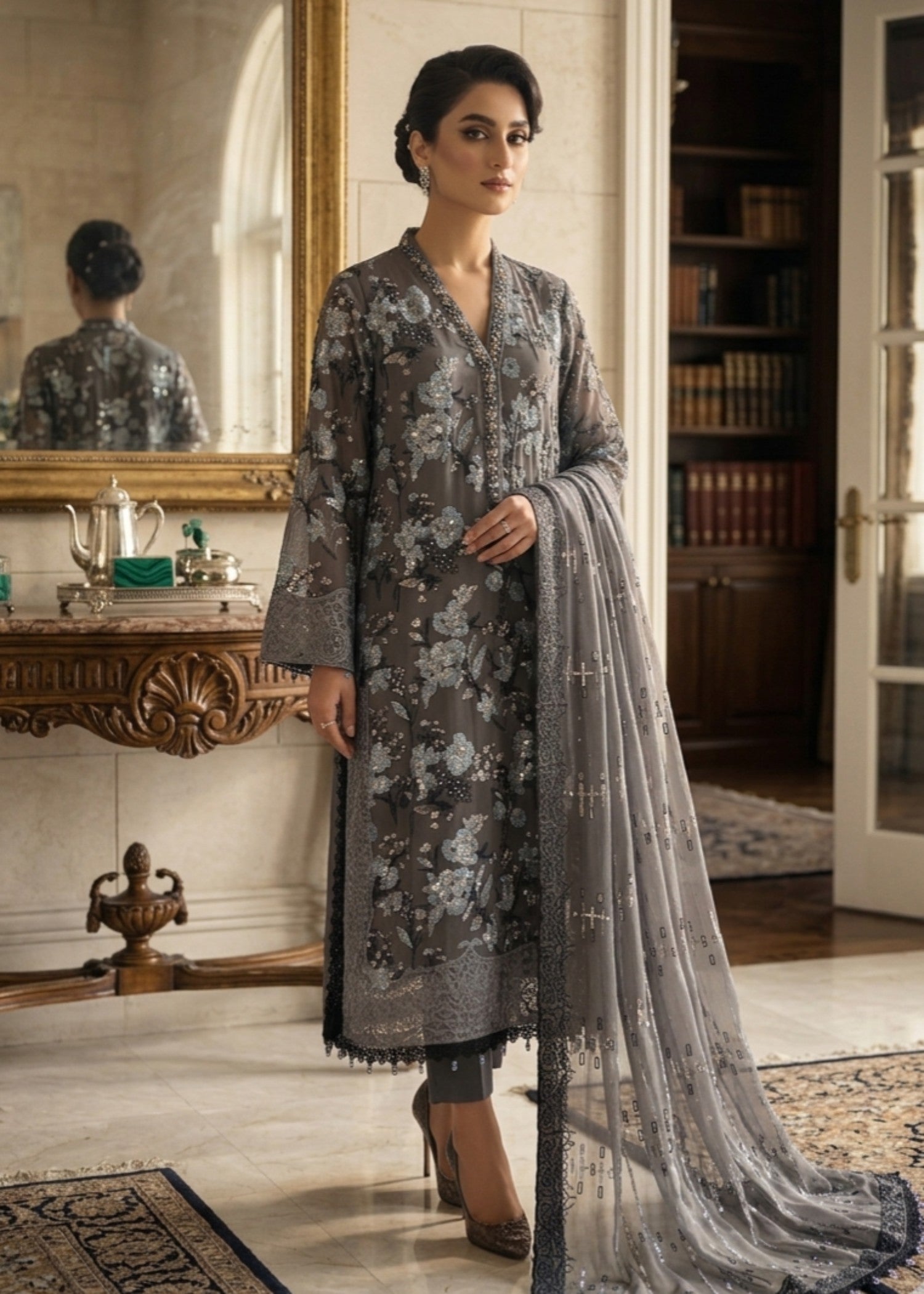 chiffon Kurta Set in Slate black