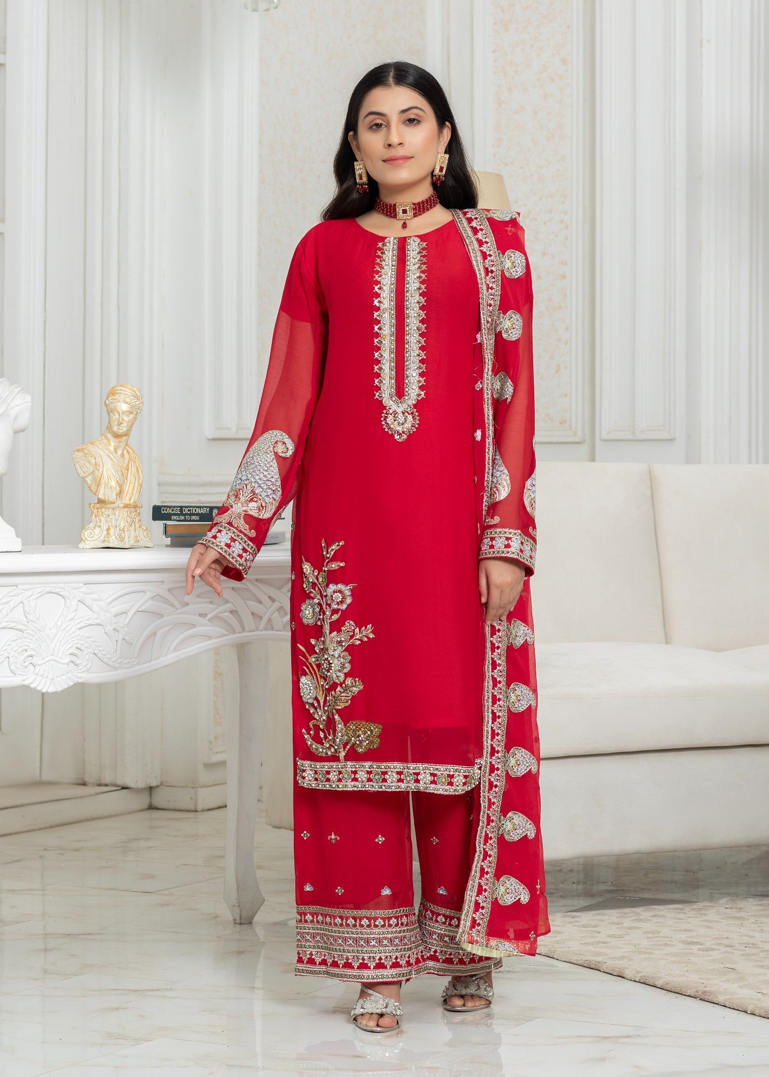 polyester chiffon Kurta Set in Imperial red