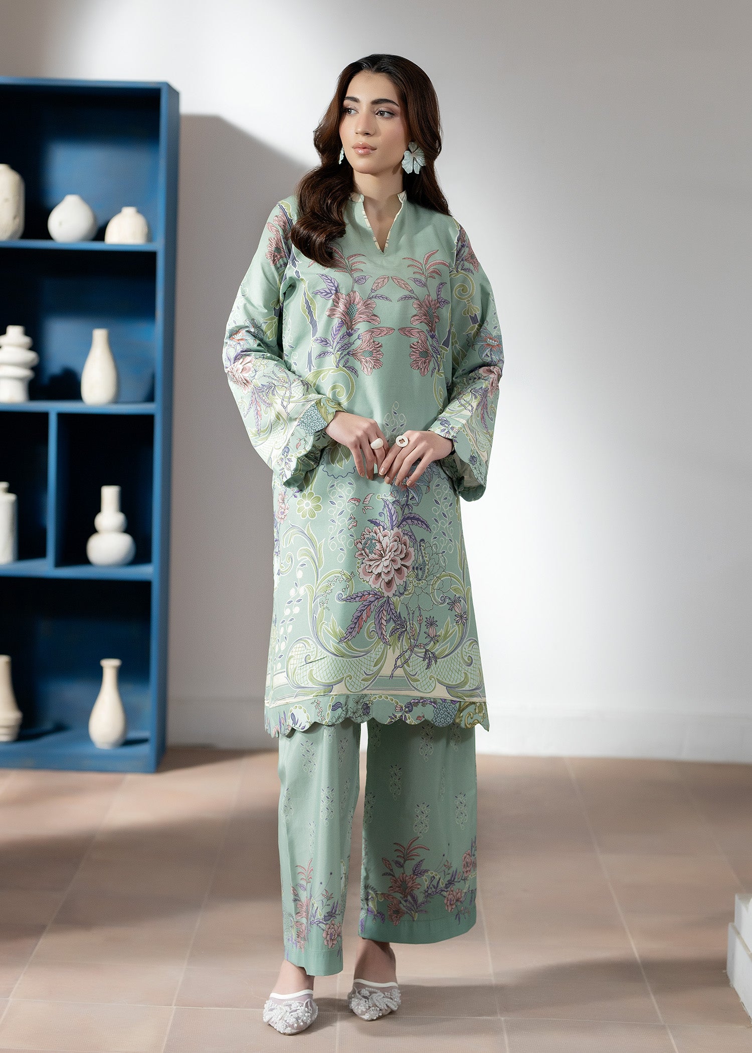 silk finish lawn Co Ord Sets in Pastel green