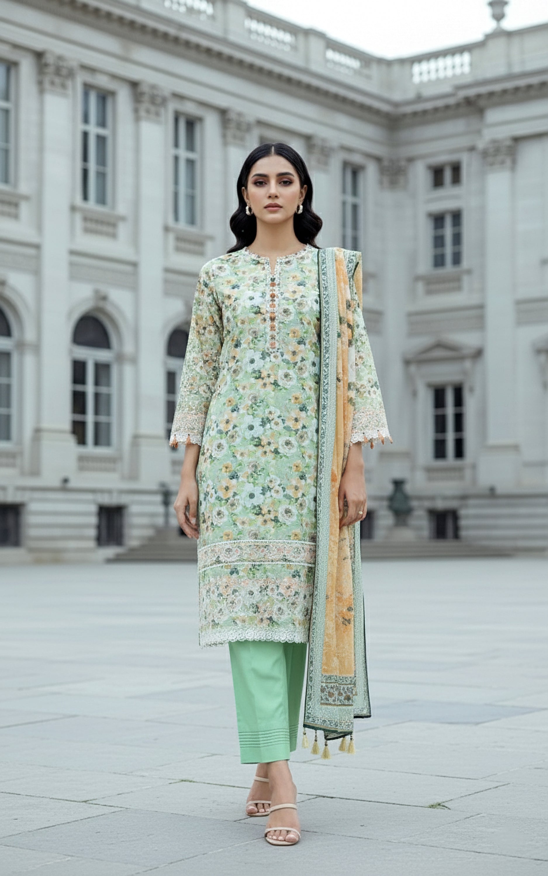 zari lawn Unstitched in Mint green