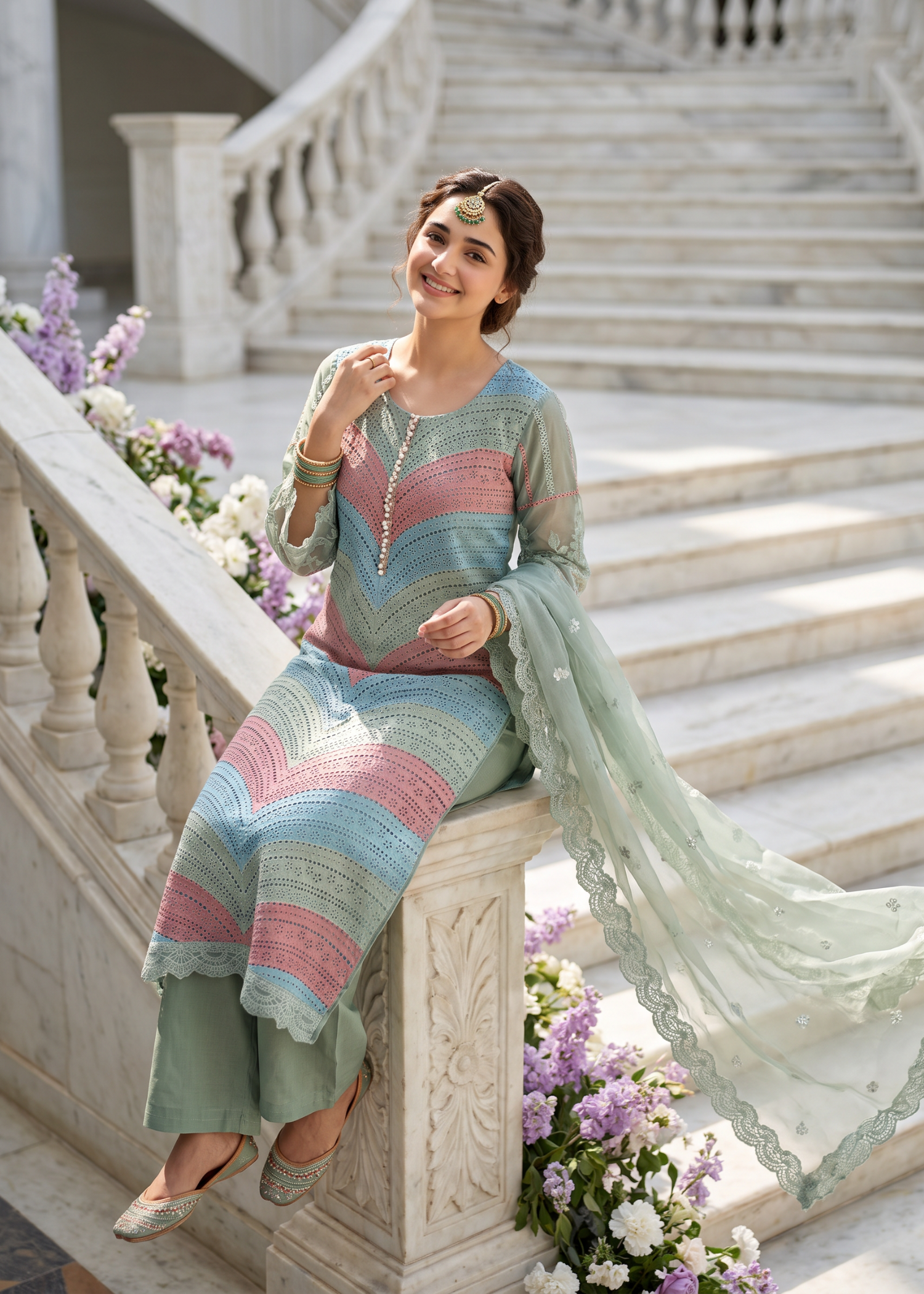 organza Kurta Set in Sky blue, moss green, taffy pink
