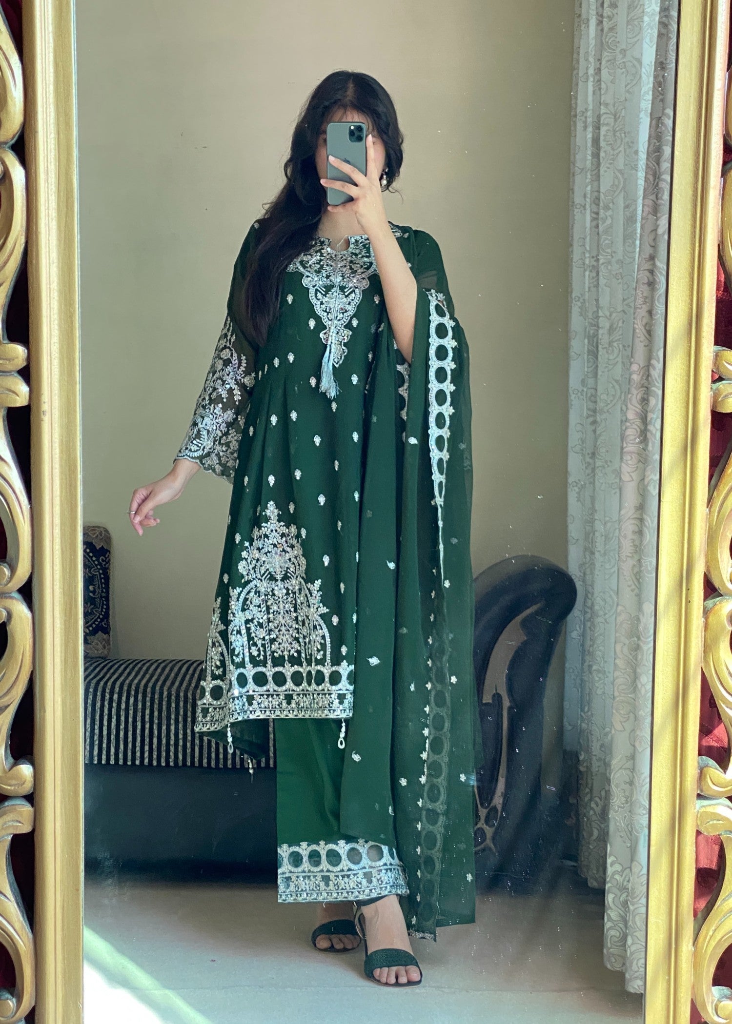 chiffon Short Frock in Bottle green