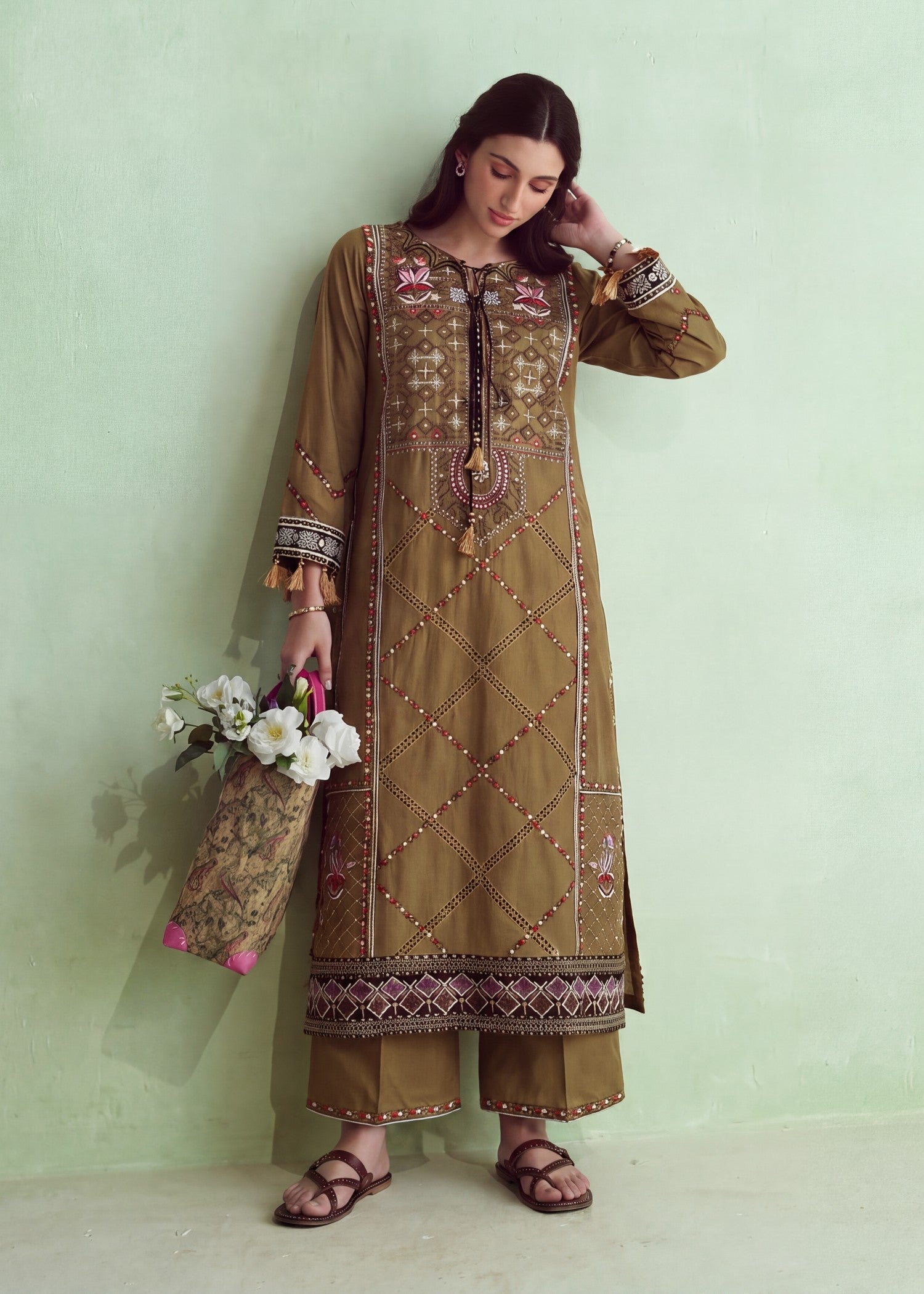 cotton Kurta Set in Coffee brown