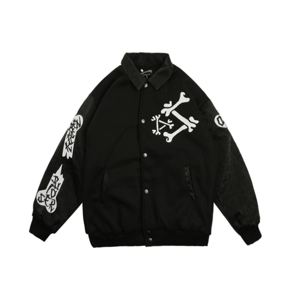 Skeleton Embroidery Jacket Coat Loose Lapel Stitching Baseball Uniform