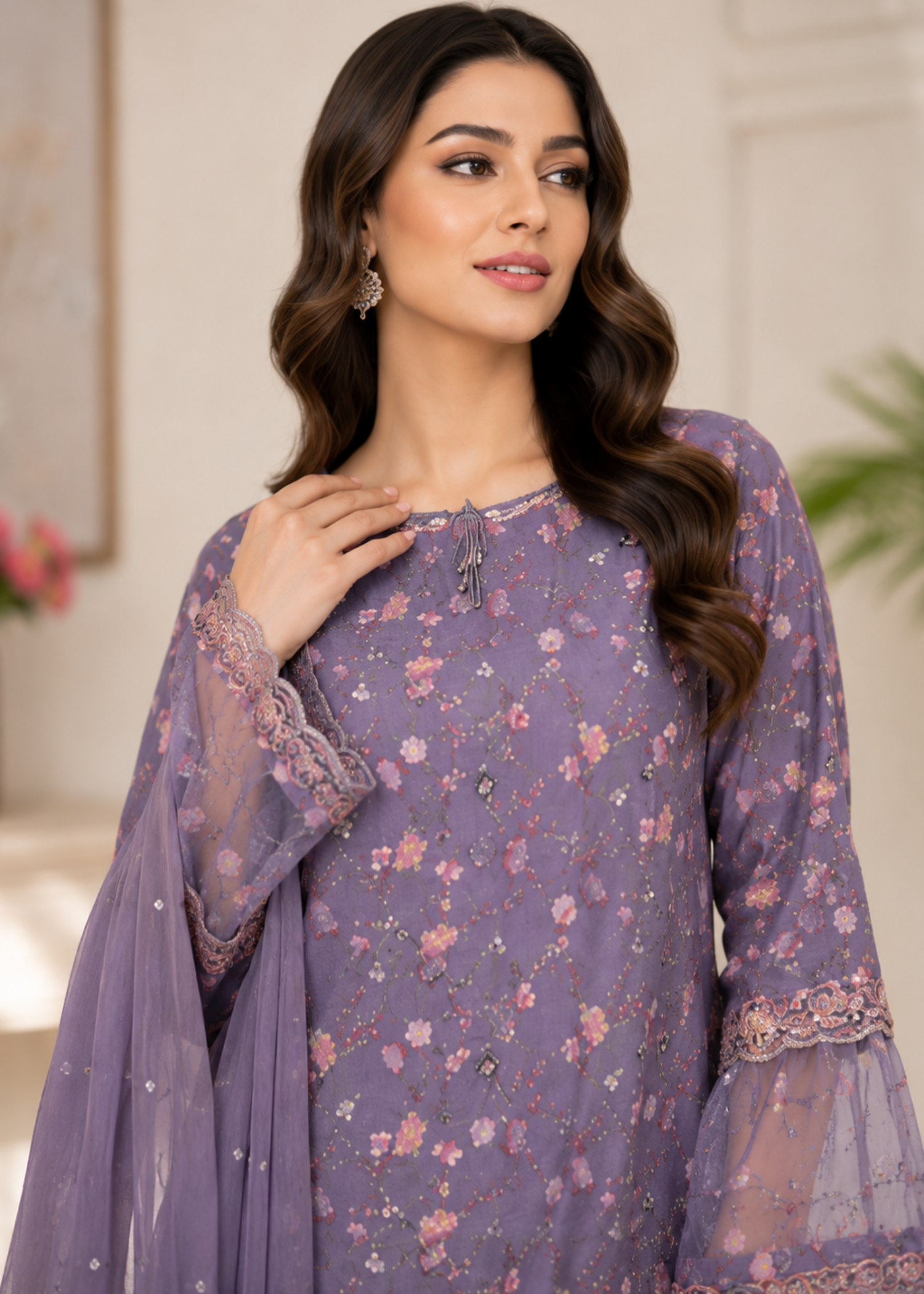 crepe Kurta Set in Purple mountain majesty