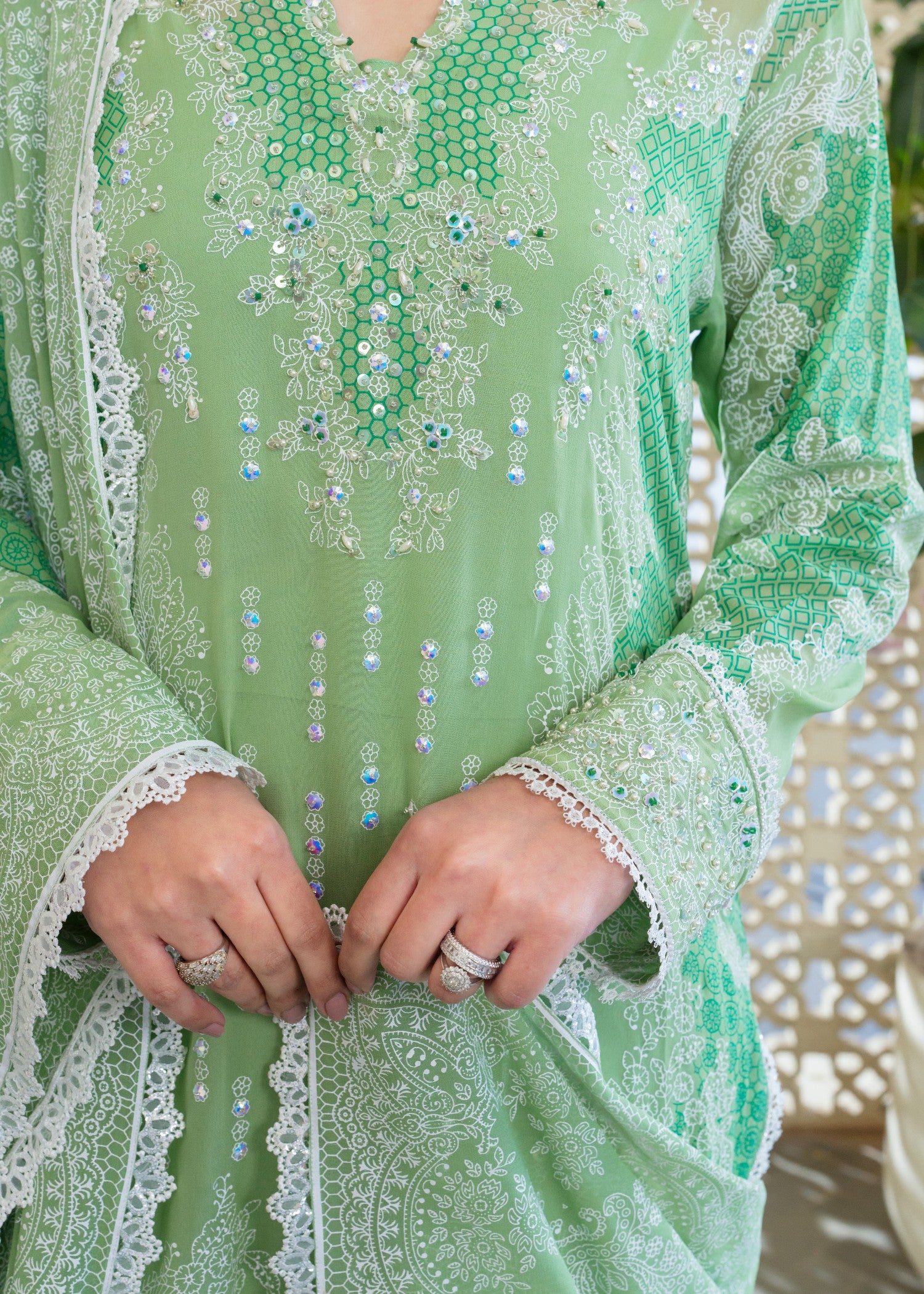 smoky georgette Unstitched in Moss green