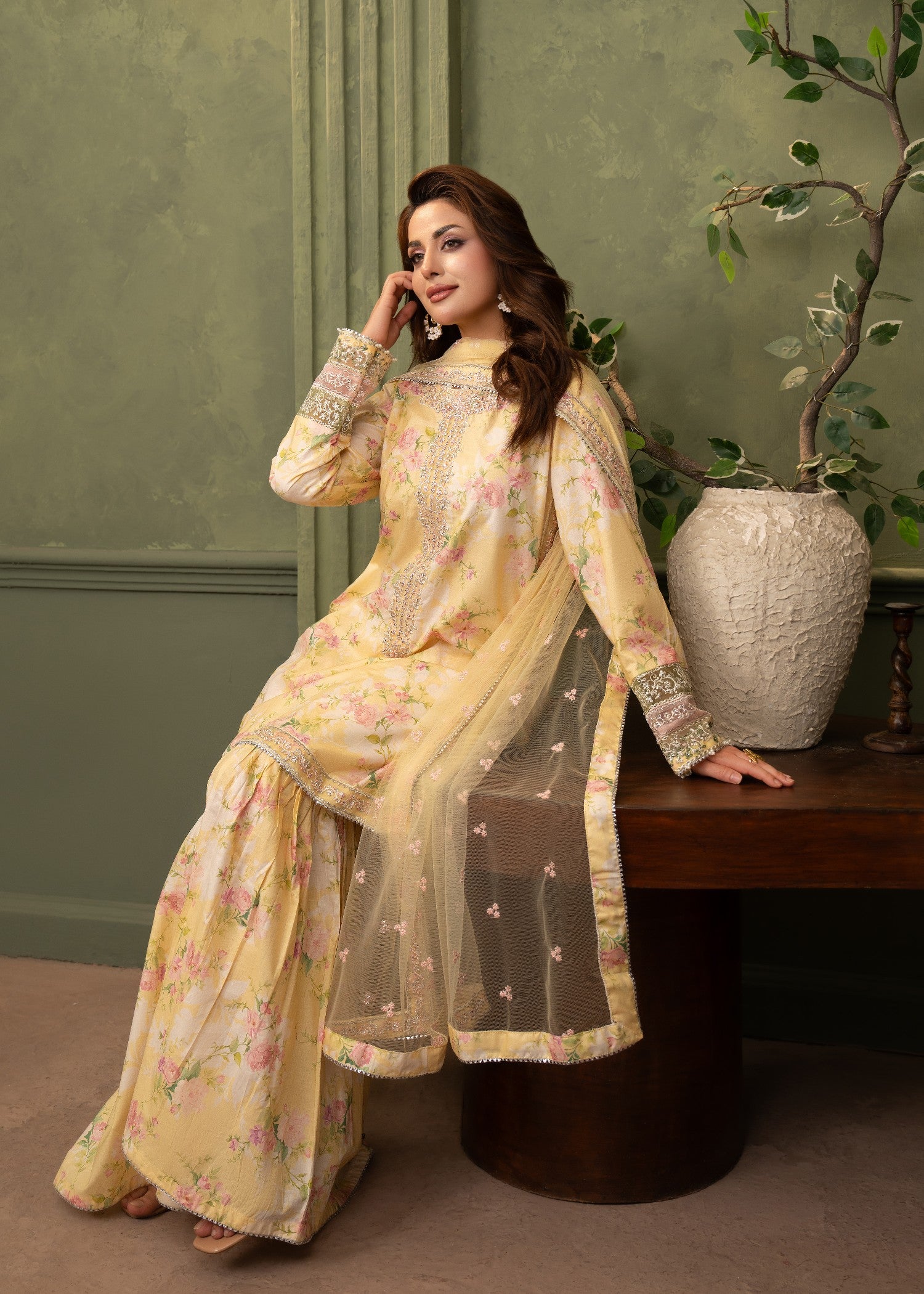 cambric Gharara in Yellow