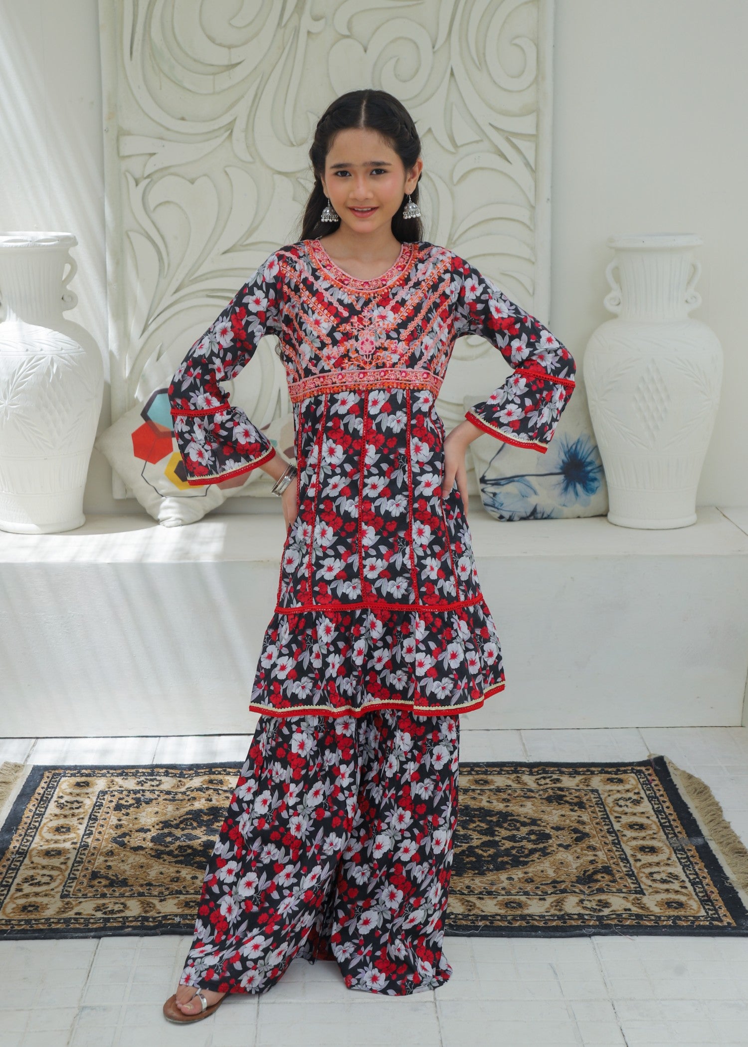 lawn Gharara in Black, multi