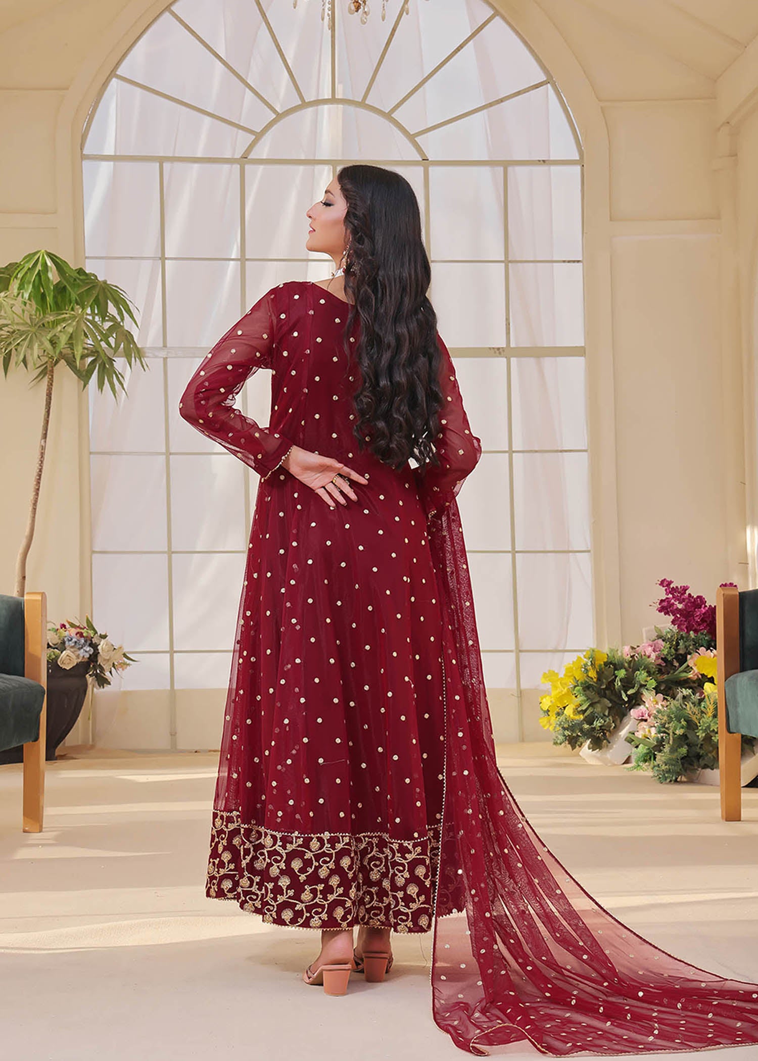 cotton net Anarkali in Maroon