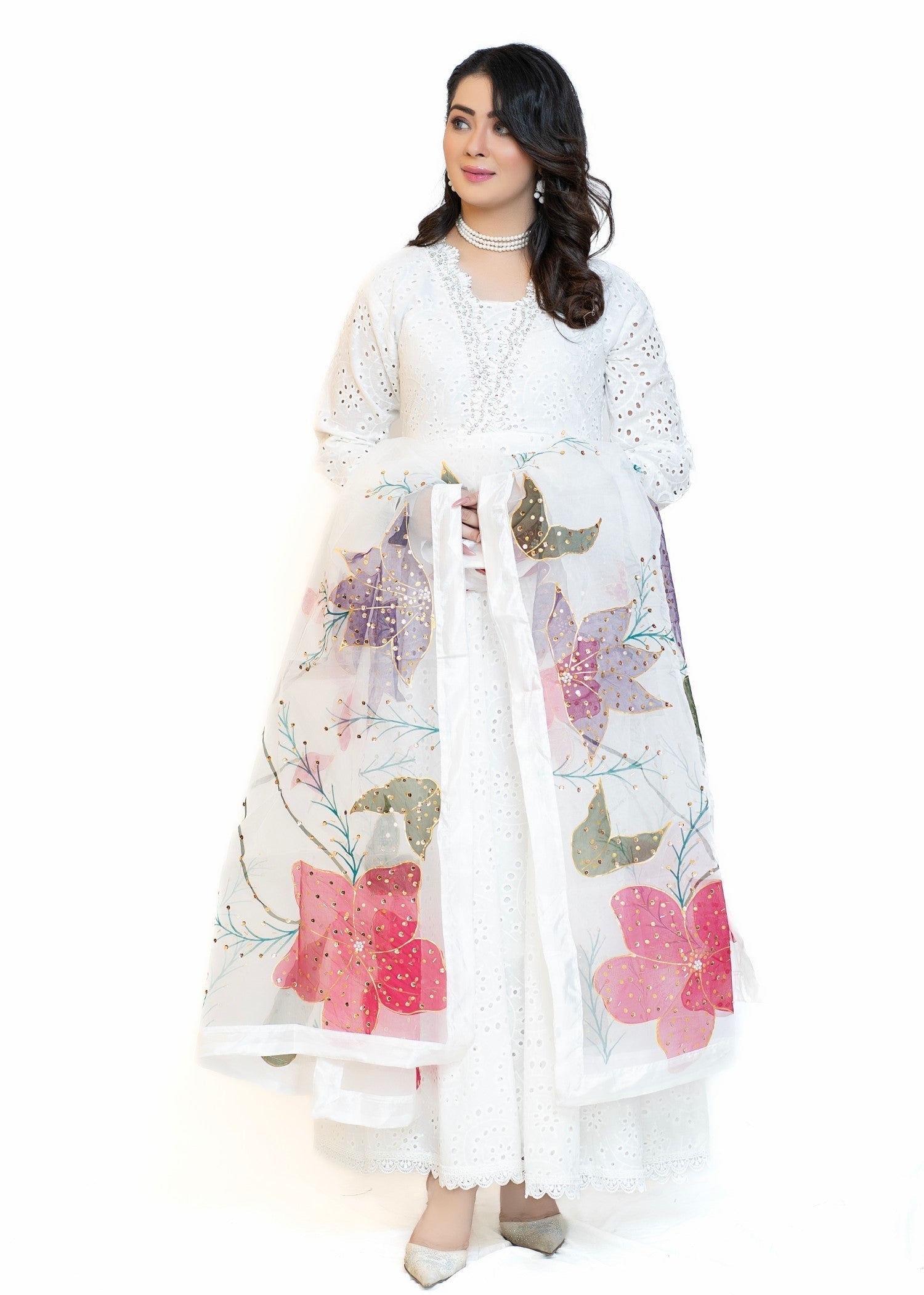 chikankari cotton Maxi in White