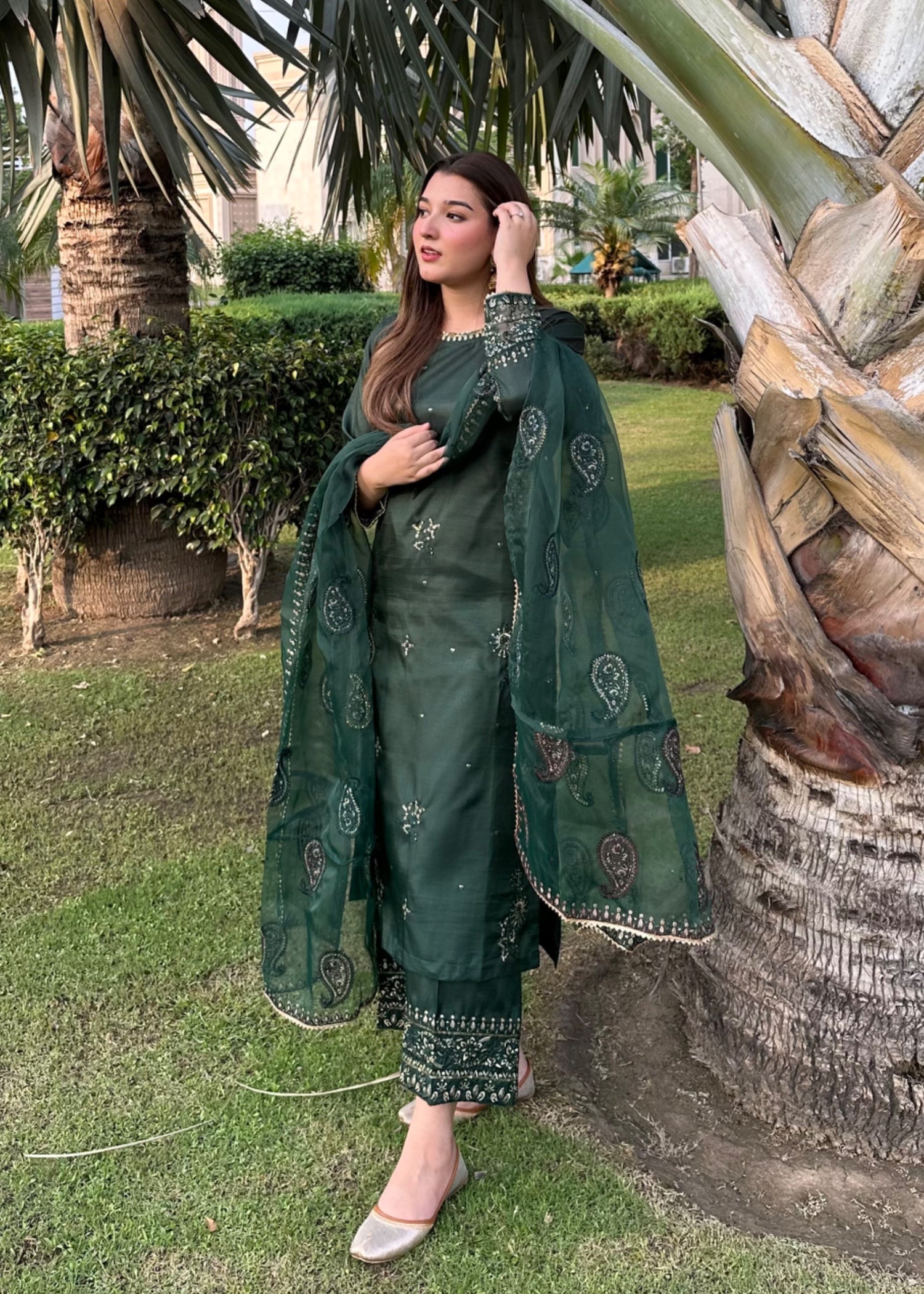 kattan silk Kurta Set in Dark green
