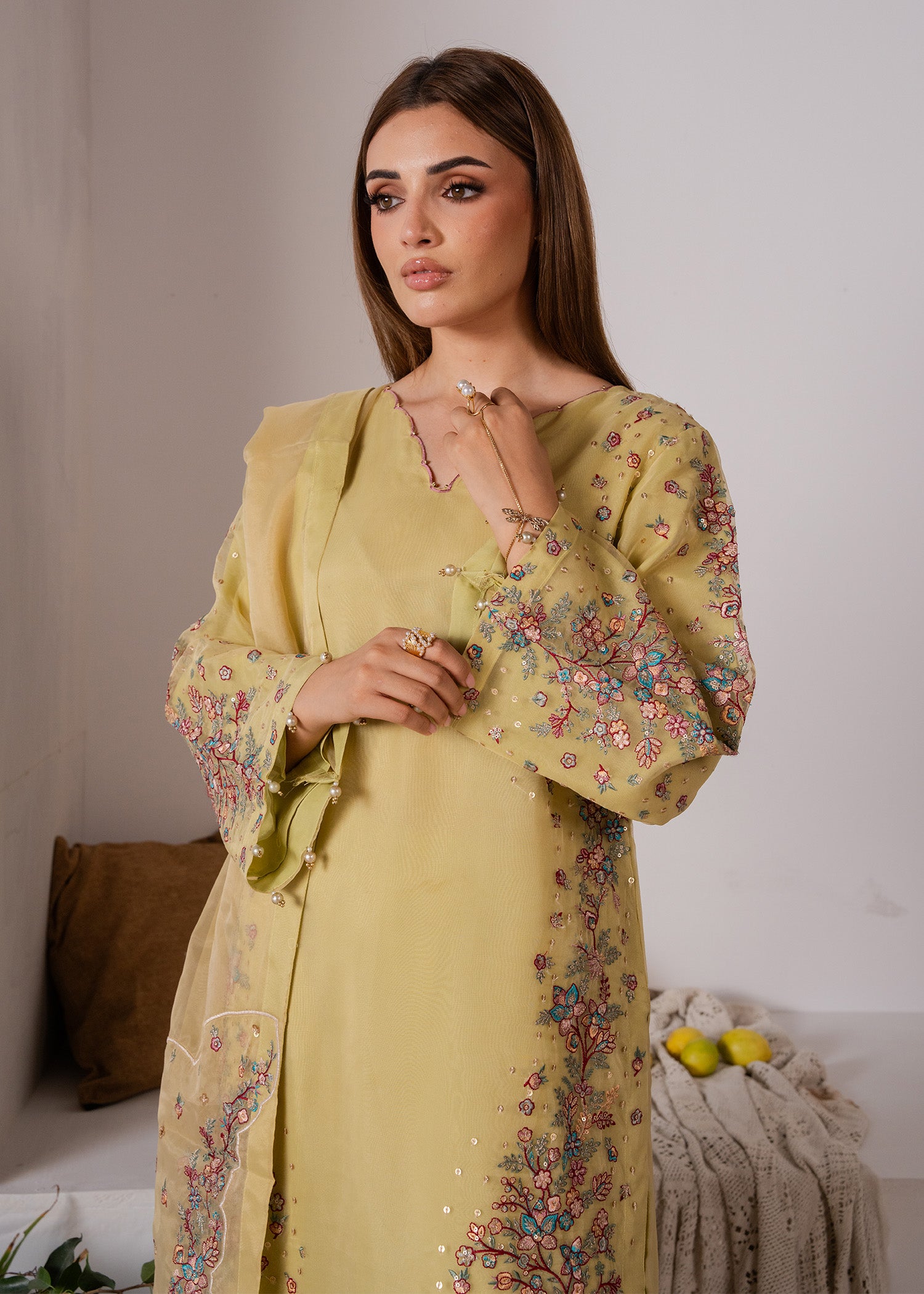 organza Kurta Set in Yellow green