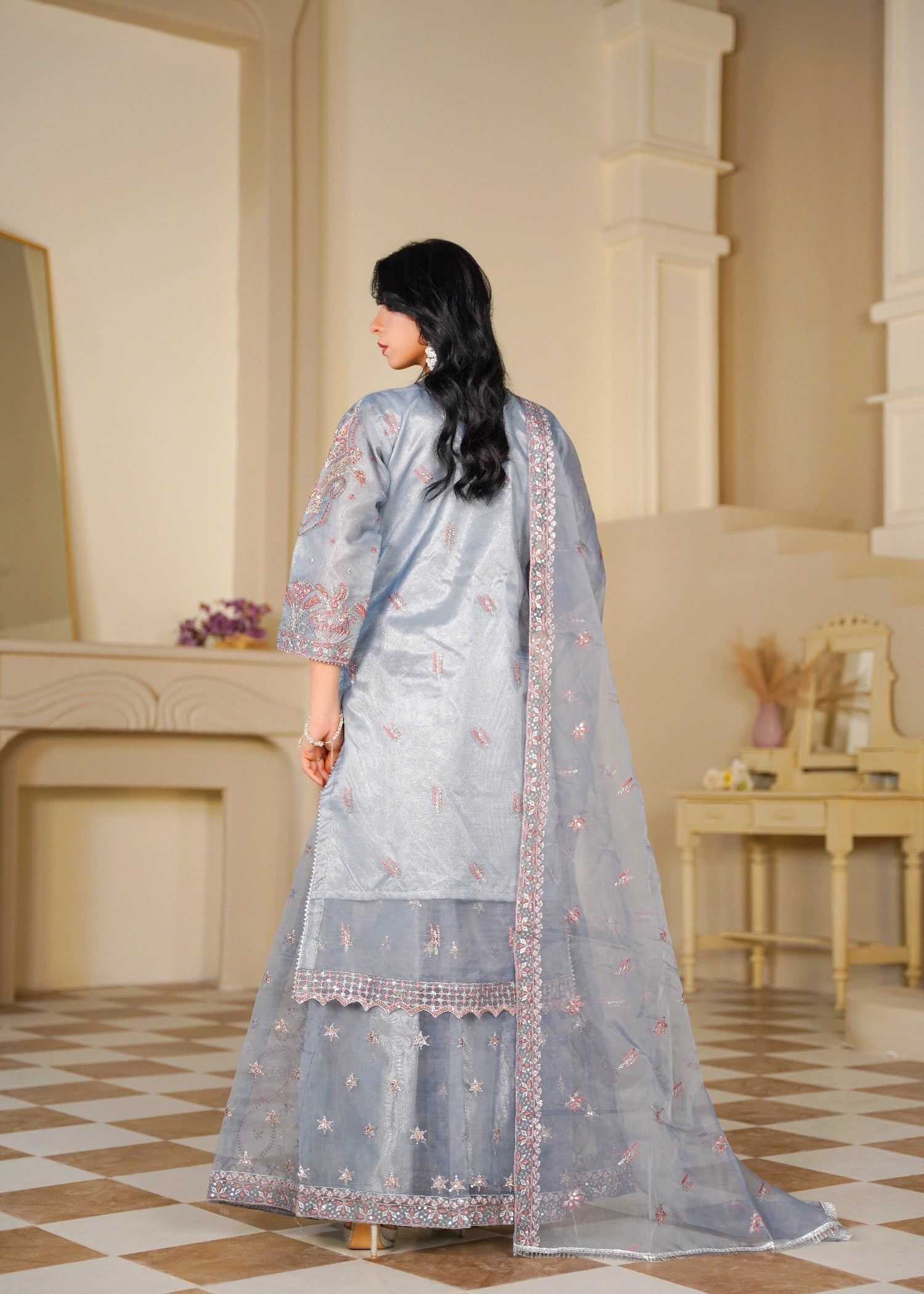 organza Sharara in Steal grey, silver