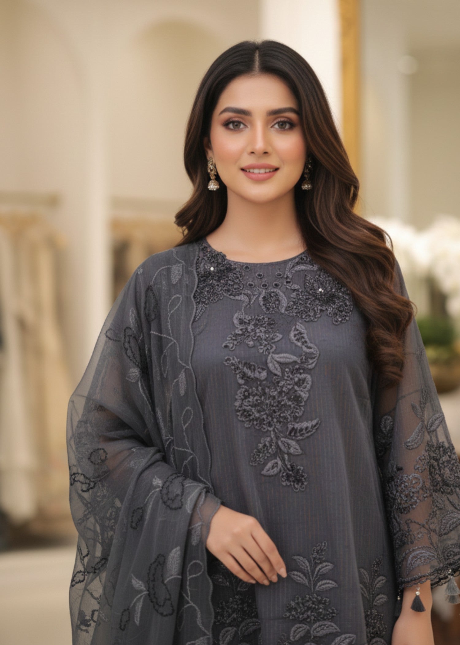 organza Short Frock in Slate grey