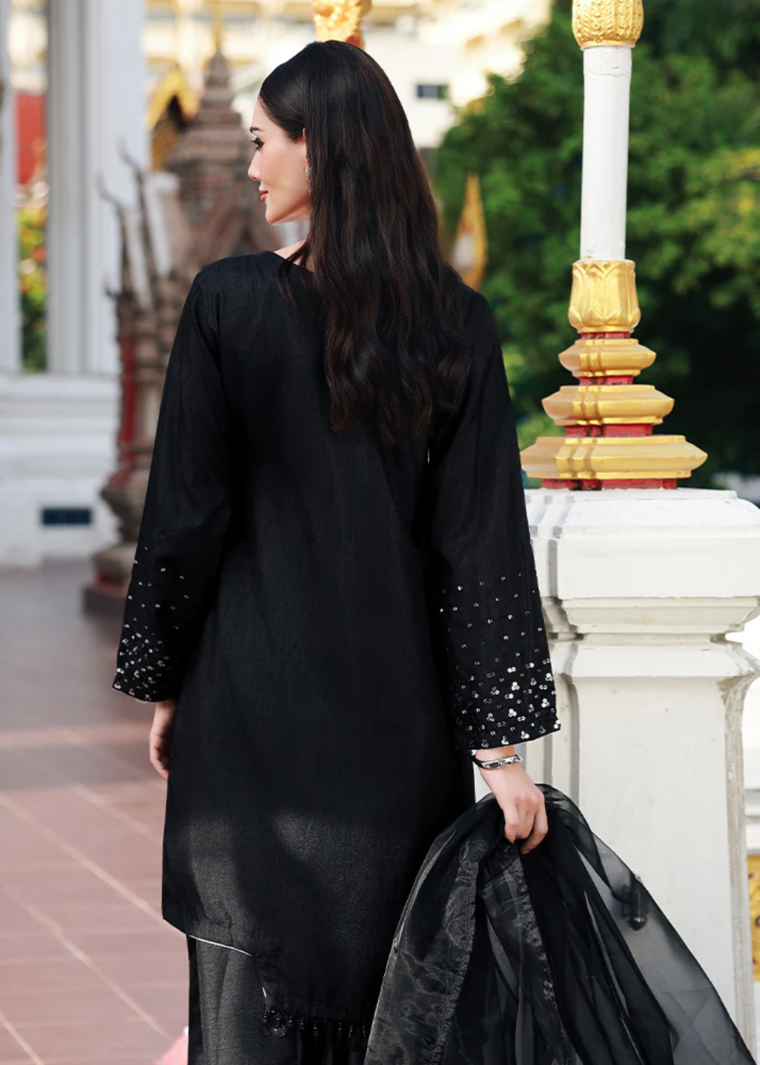 raw silk Sharara in Black