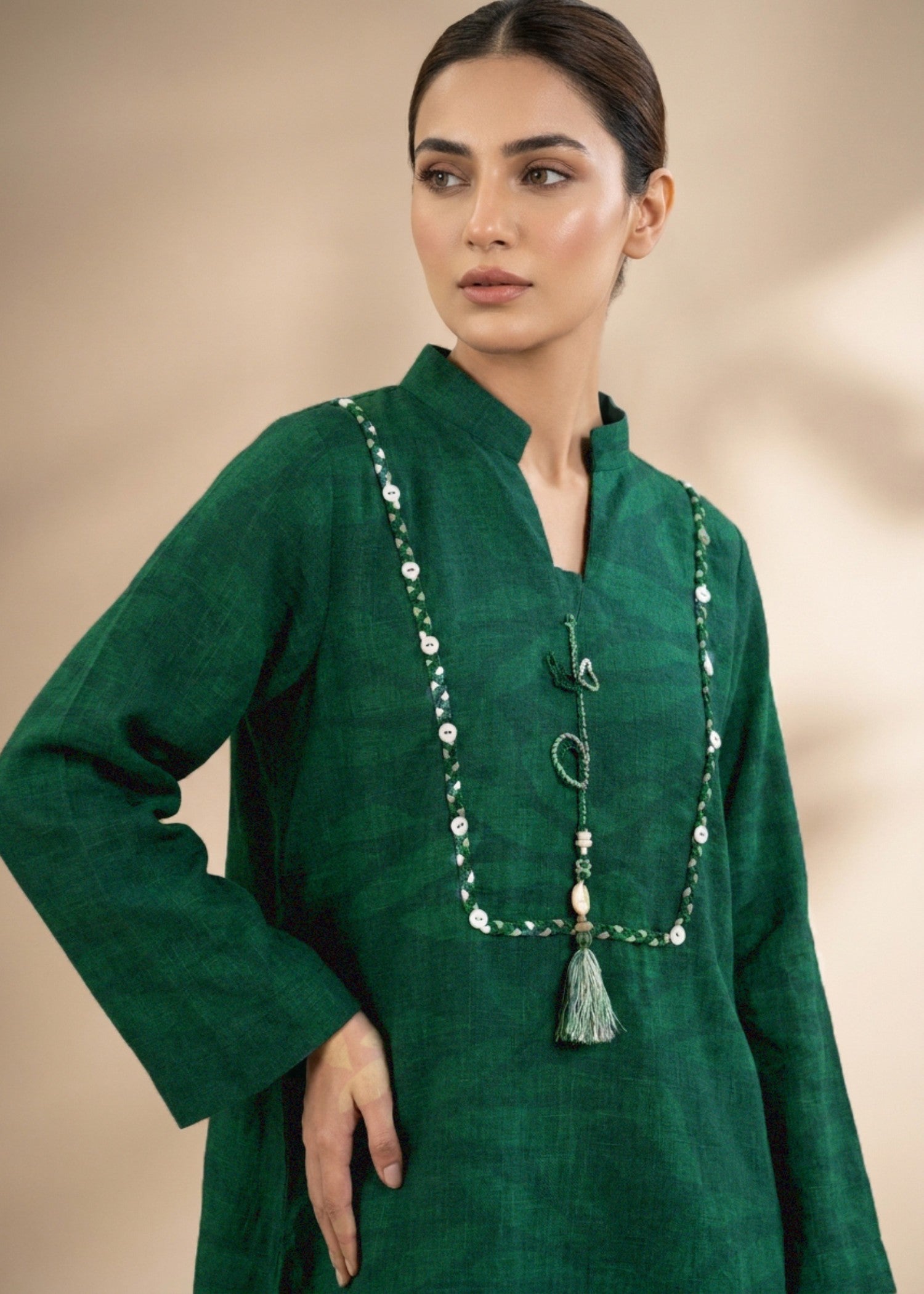 jacquard Kurta Set in Bottle green