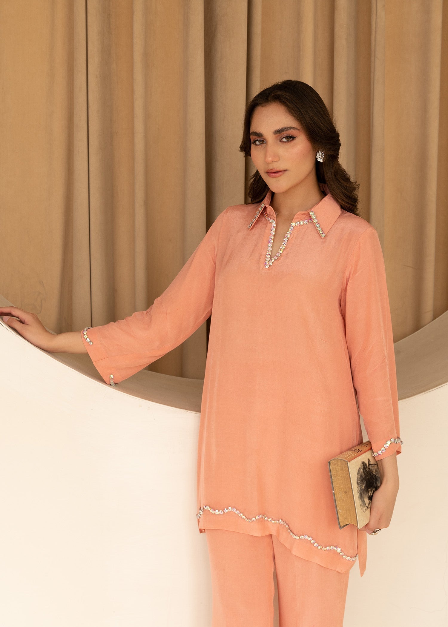 thai silk Kurta Set in Peach pink