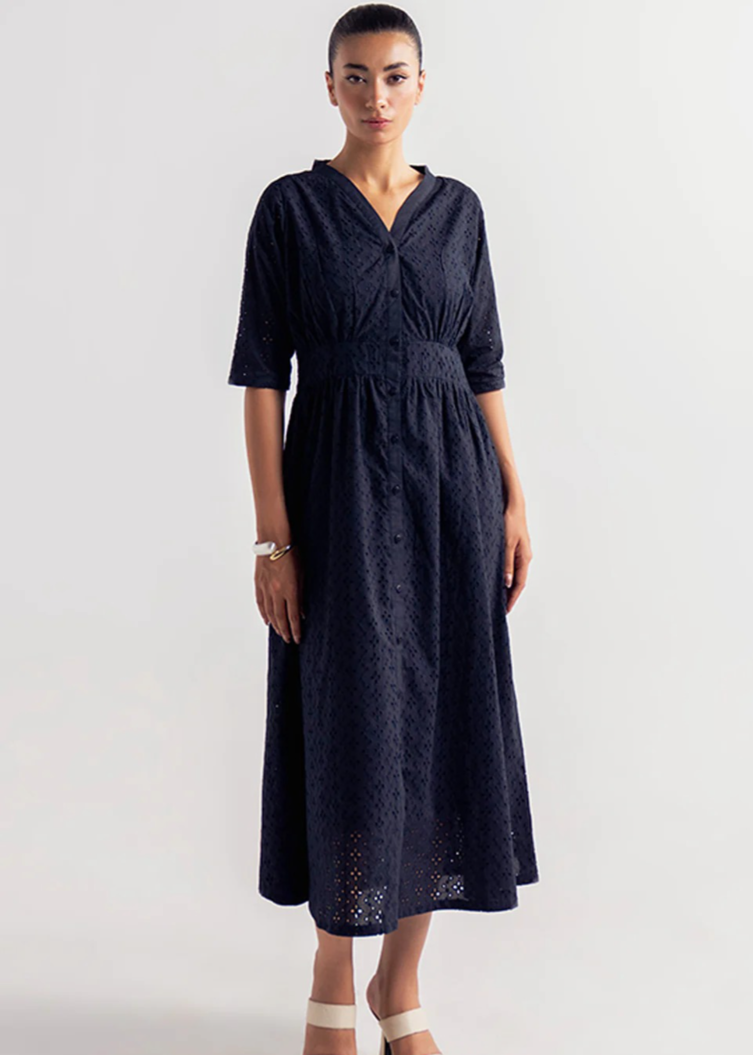 schiffli Dress in Navy blue
