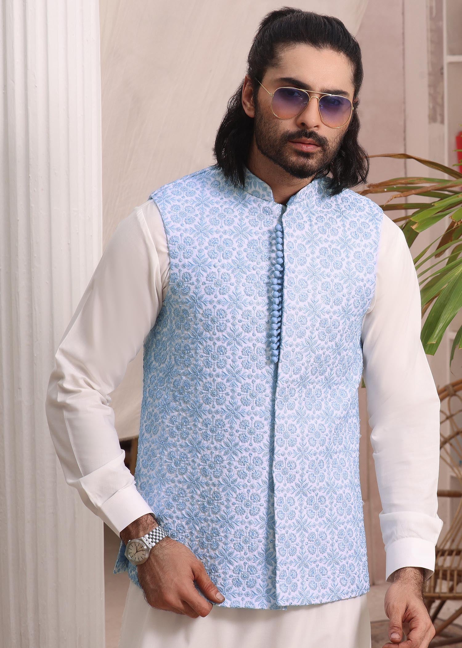 raw silk Waistcoat in Sky blue