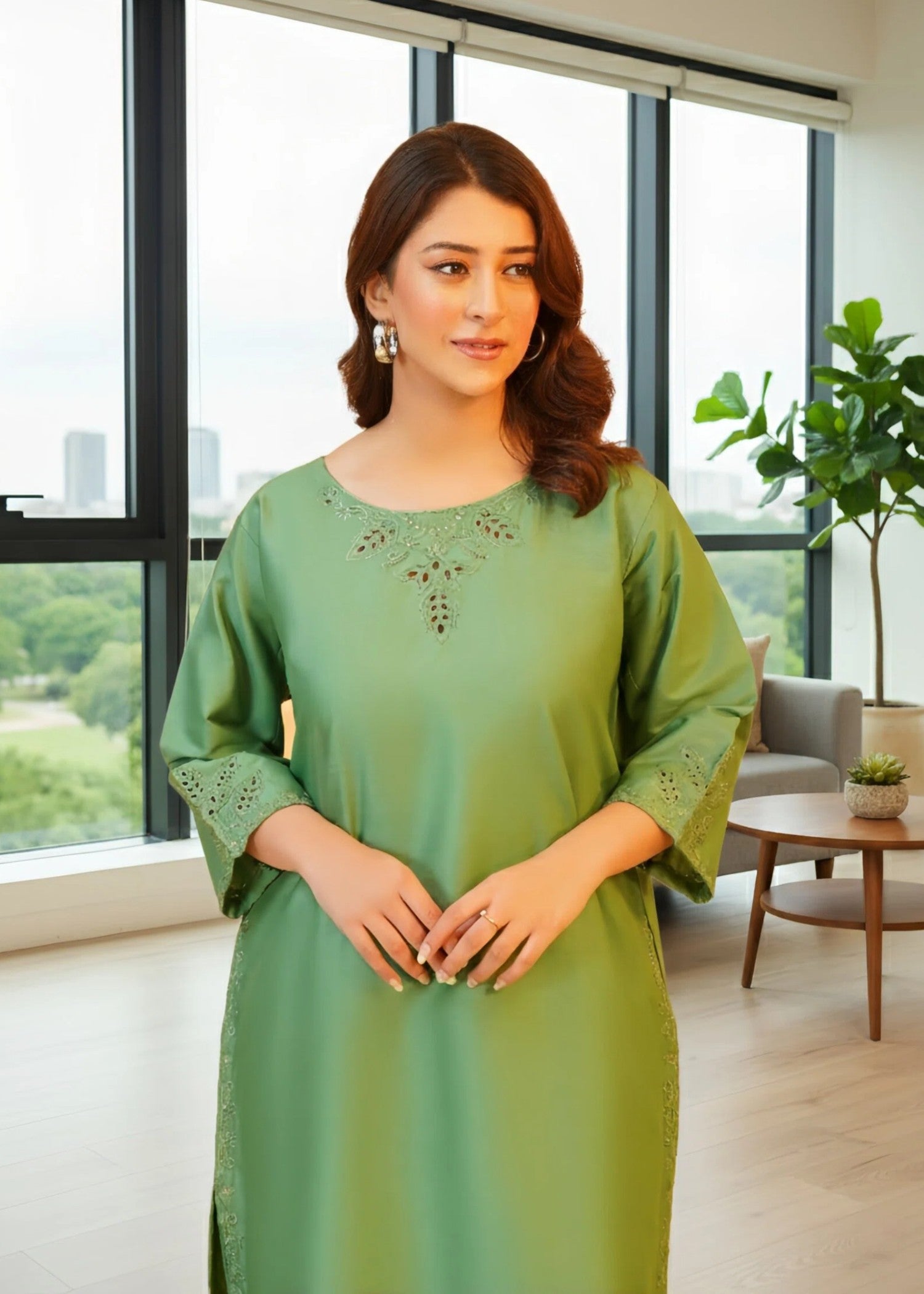 linen Kurta Set in Moss green