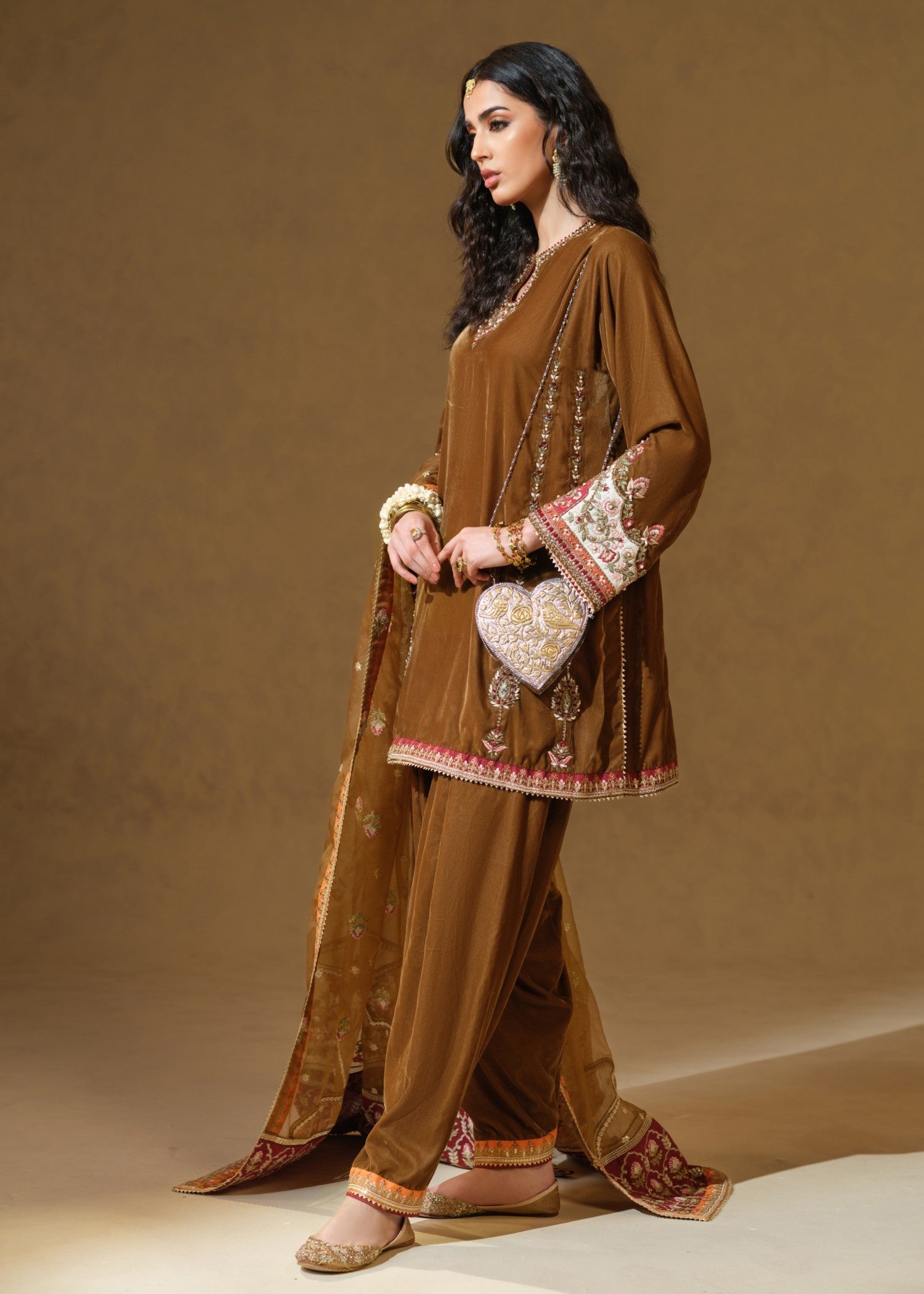 velvet Kurta Set in Brown