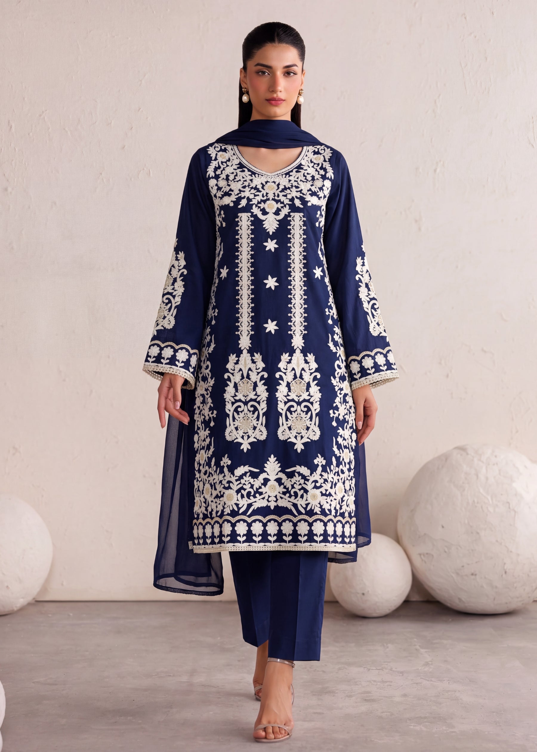 linen Kurta Set in Navy blue