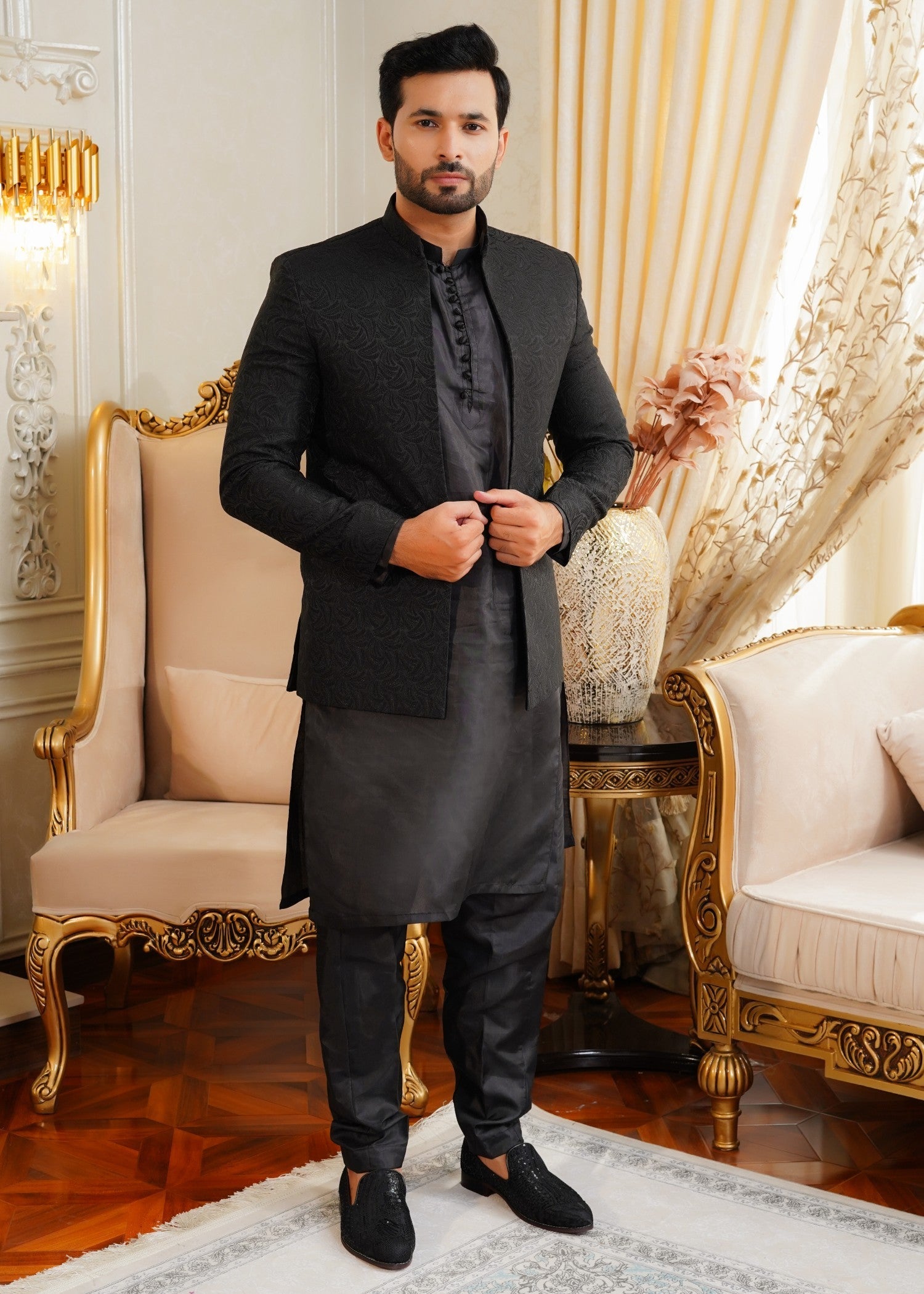 jamawar Prince Coat in Black by Azlan Shahzad