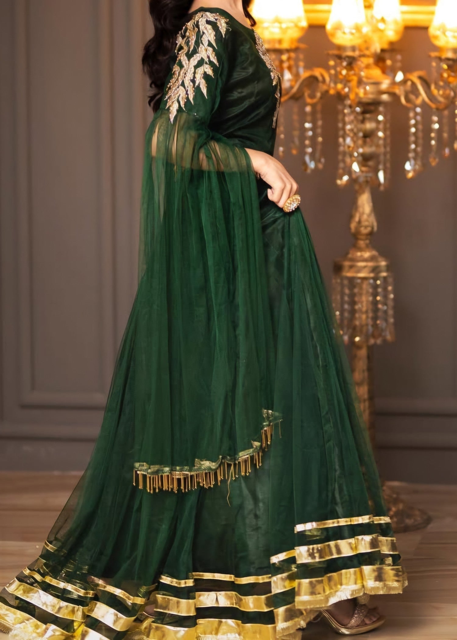 net Lehenga in Bottle green