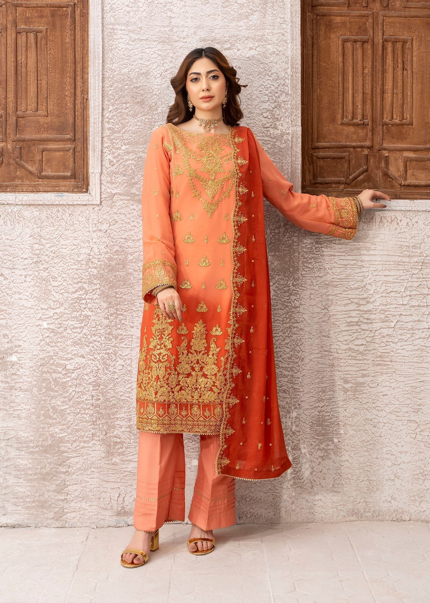 chiffon Kurta Set in Coral orange