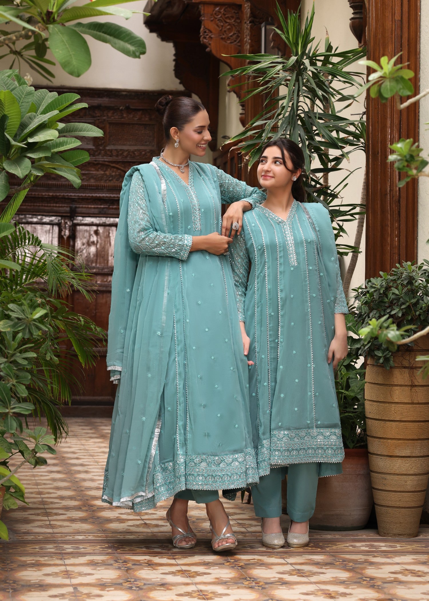 chiffon Pishwas in Sea green