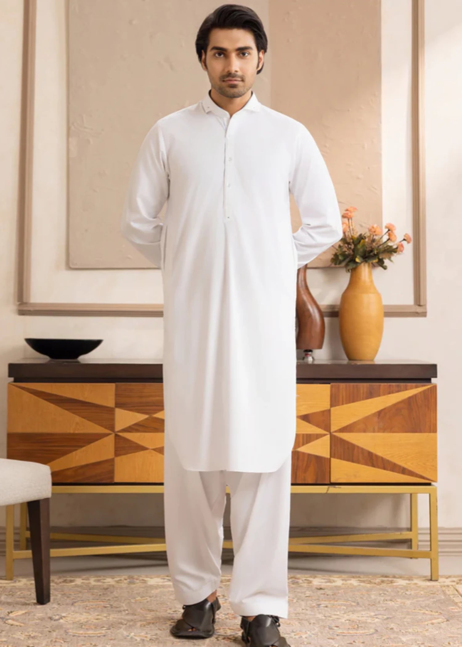 blended satin Shalwar Kameez in White
