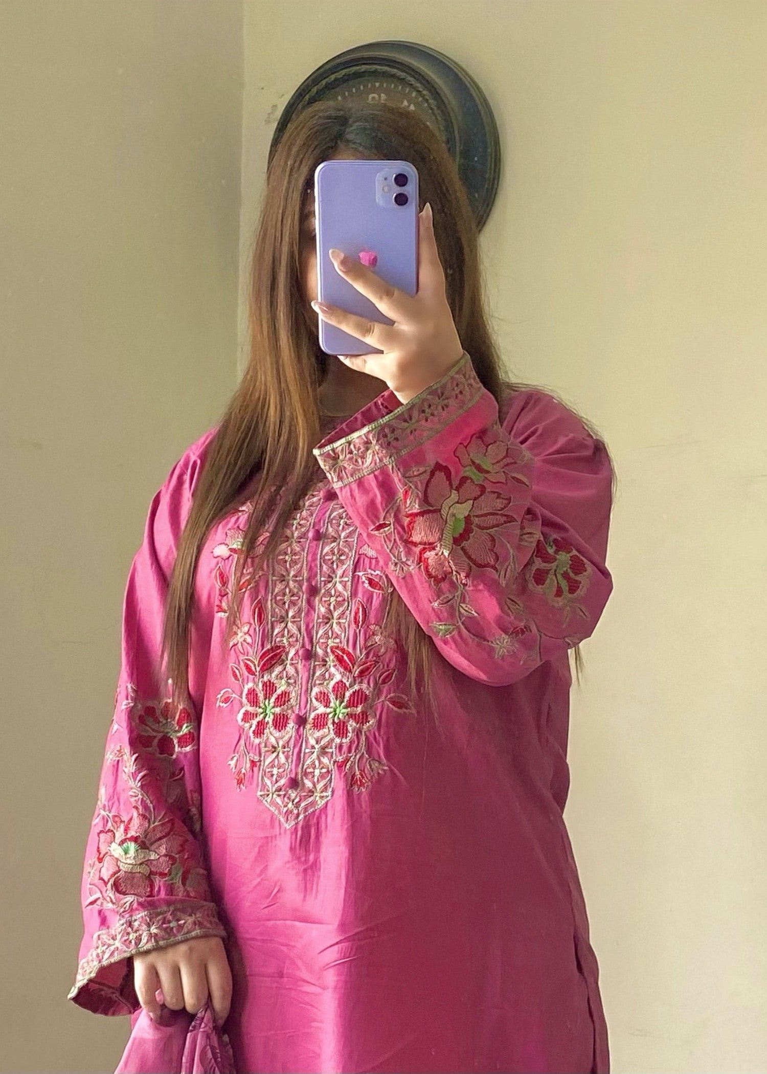 lawn cotton Kurta Set in Deep pink