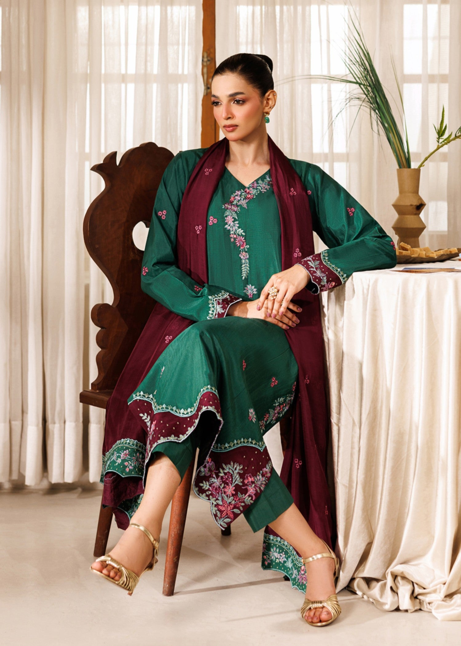 raw silk Pishwas in Green, plum