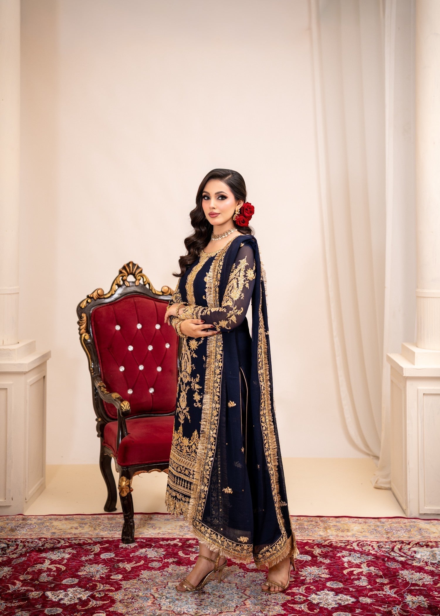 bemberg crinkle chiffon Kurta Set in Moonlight blue