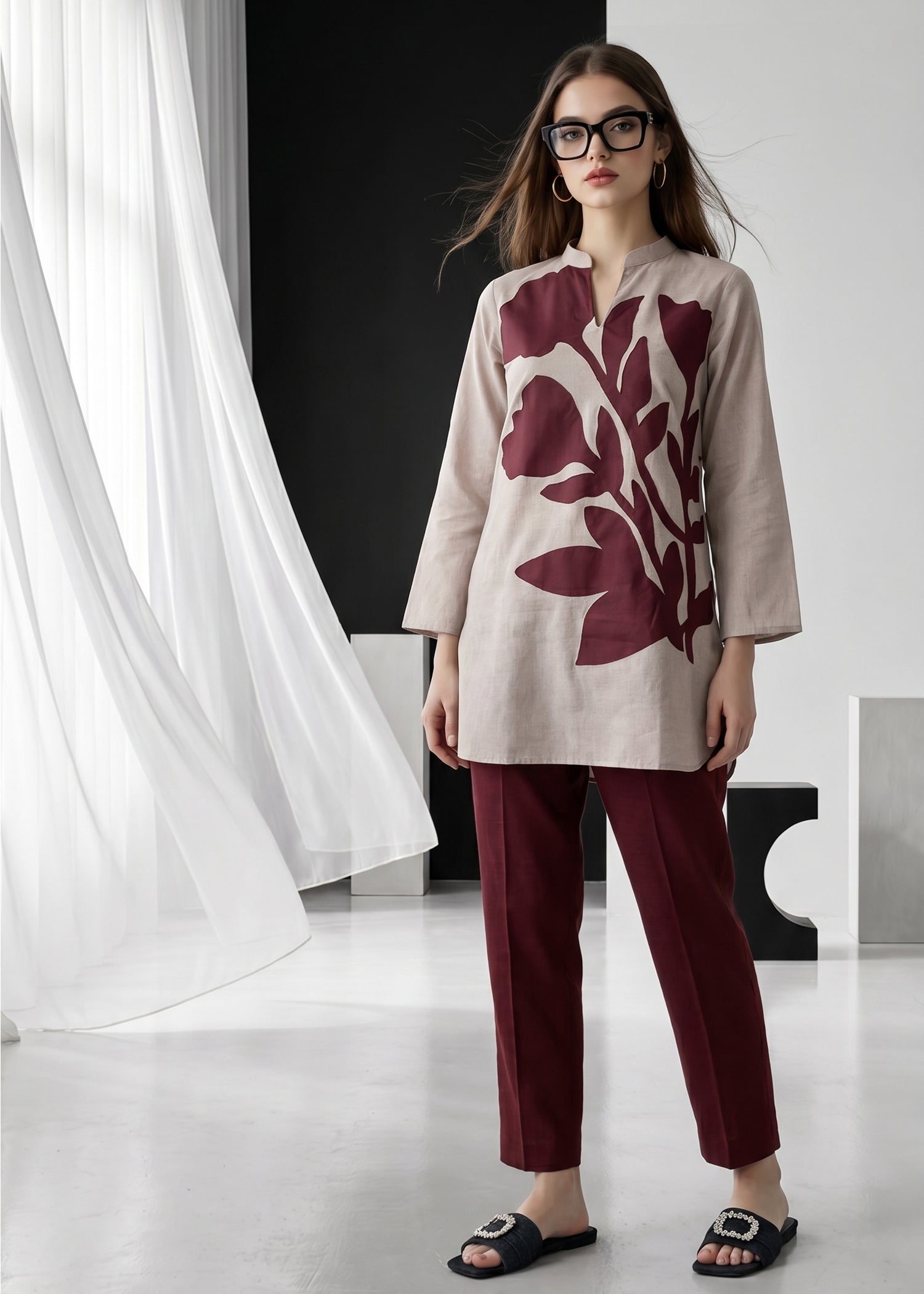 slub lawn Kurta Set in Ash grey